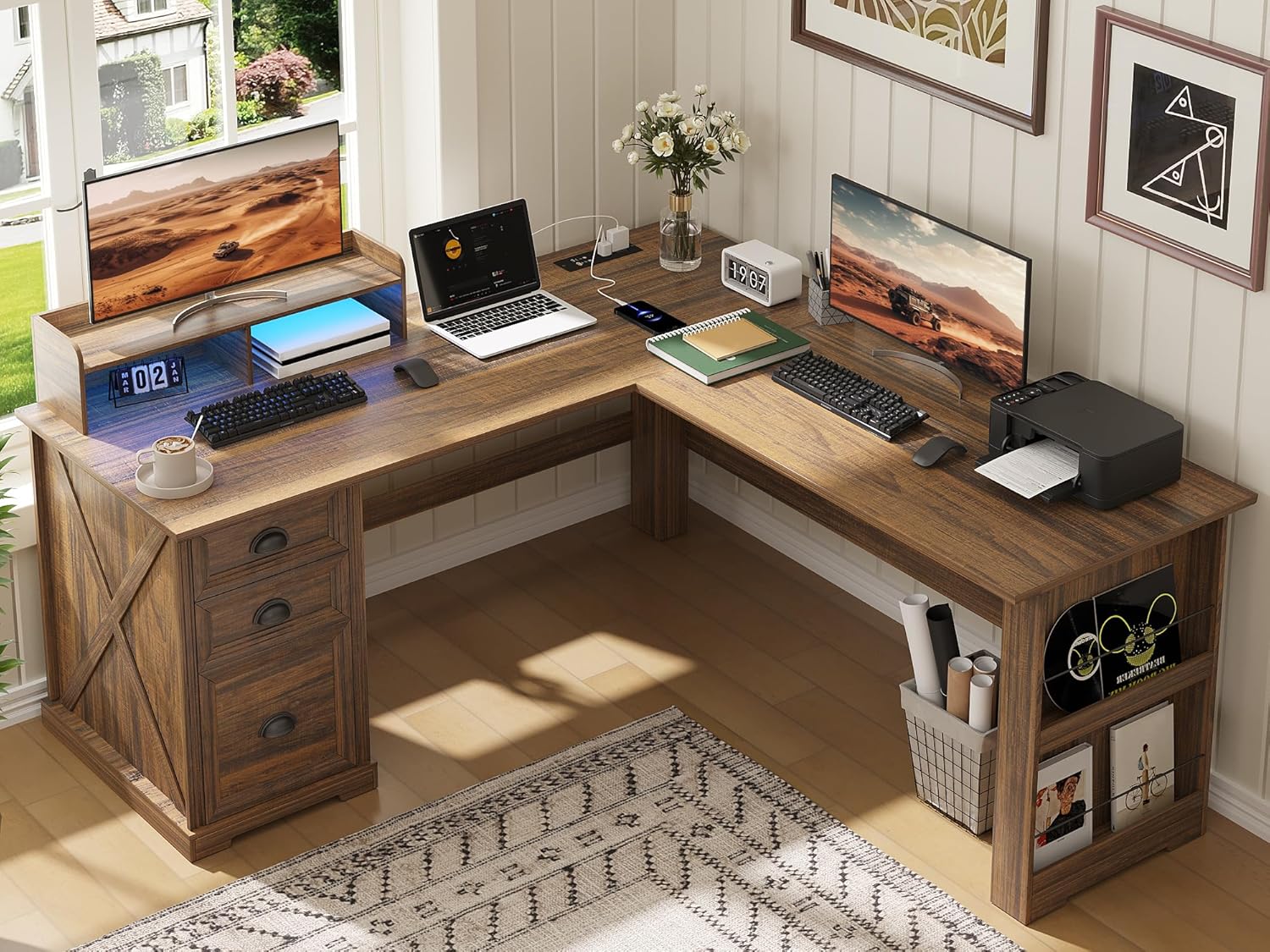 Executive L Shaped Desk with Monitor Stand, 59 inch Farmhouse Corner Computer Desk with Power Outlets & LED Lights, Home Office Desk with File Cabinet for Working Gaming Writing, Dark Walnut