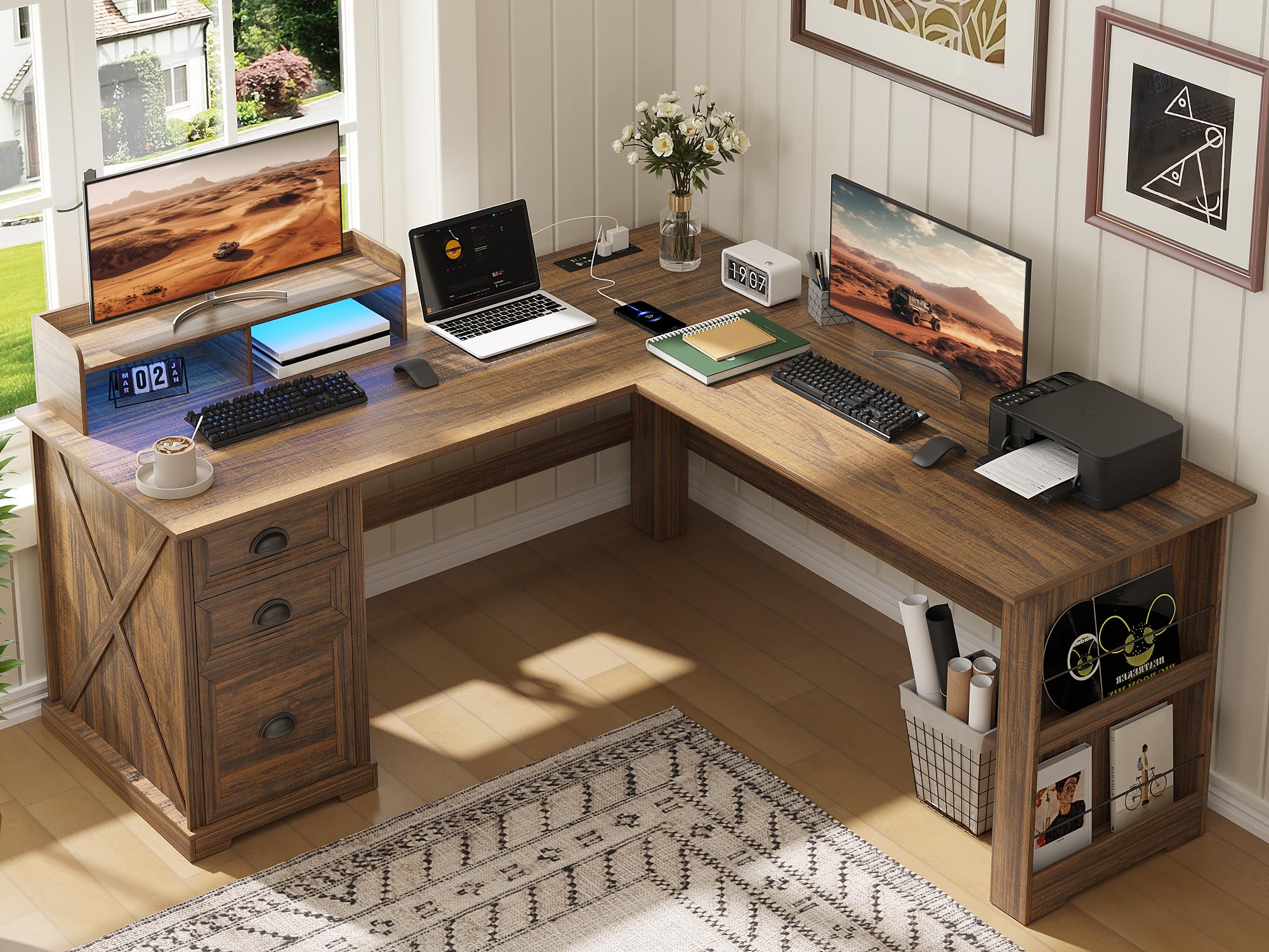 Lareth Executive L Shaped Desk with Monitor Stand, 59 inch Farmhouse Corner Computer Desk with Power Outlets & LED Lights, Home Office Desk with File