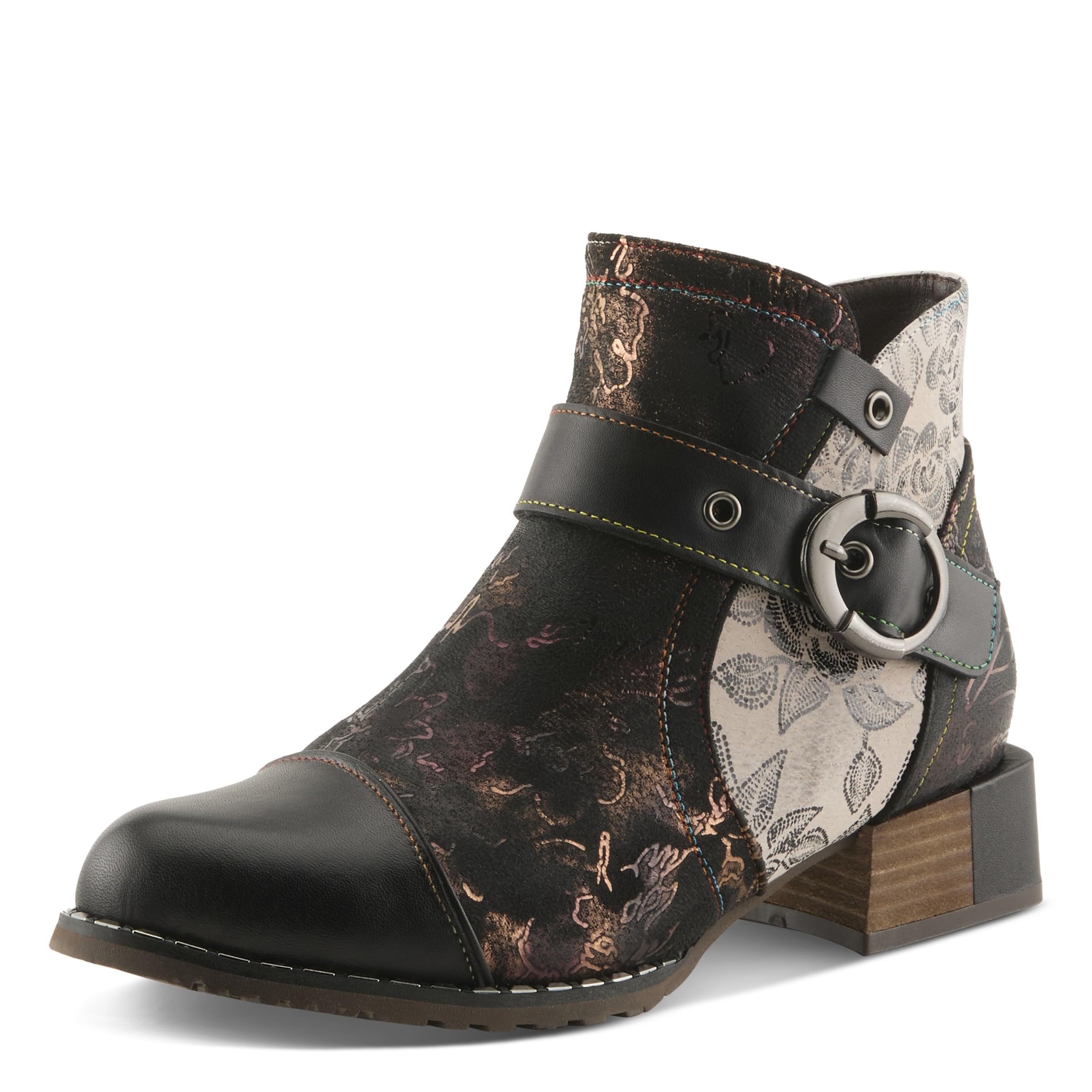 Spring Step L'Artiste Women’s Hand-Painted Leather Ankle Boots — Bold Buckle Strap with Side Zipper Closure — Cushioned Faux Fur Insole, 2" Block Heel