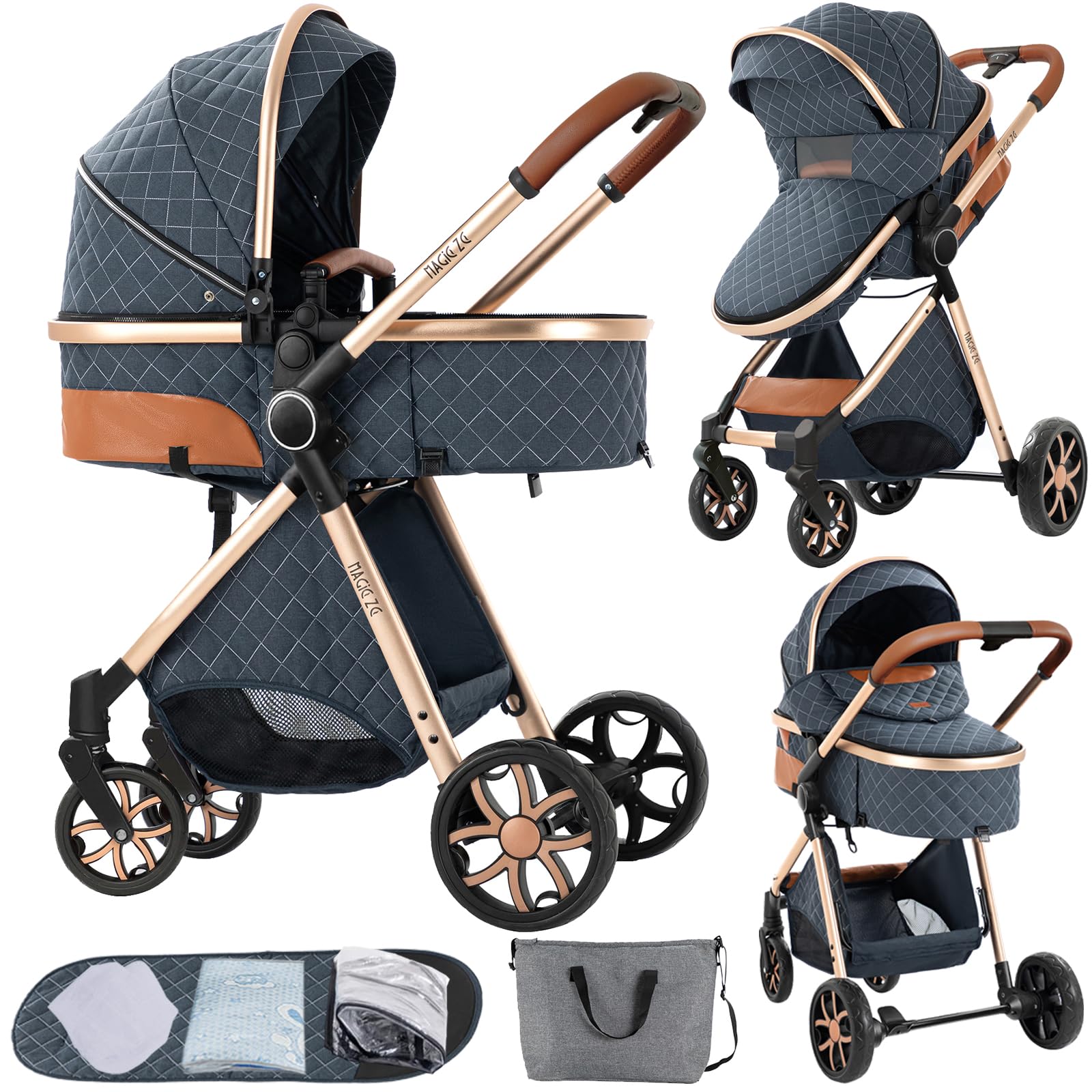 2 in 1 Baby Stroller Reversible Portable Standard Stroller Convertible Pushchair Infant Buggy Baby Carriage Foldable High Landscape Pram for Toddler Newborn (225 Blue)