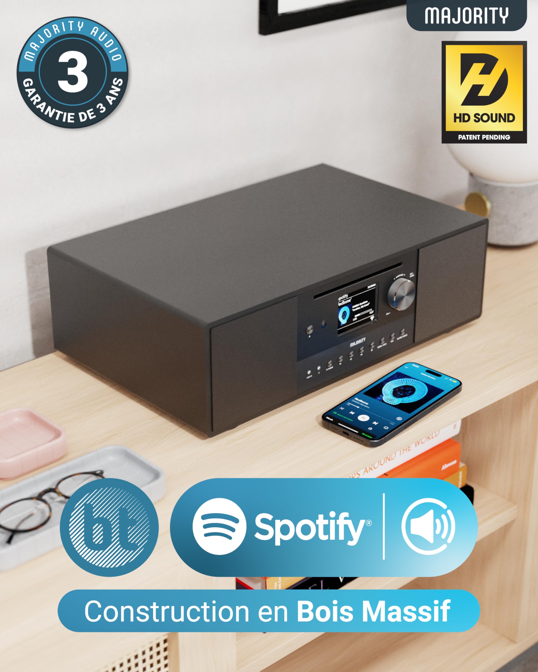 Radio Internet, Lecteur CD, Radio FM Dab+ et Caisson de Basses Puissant | Système Stéréo 2.1 120W | Bluetooth Activé | Spotify Connect et Podcasts | MAJORITY Quadriga