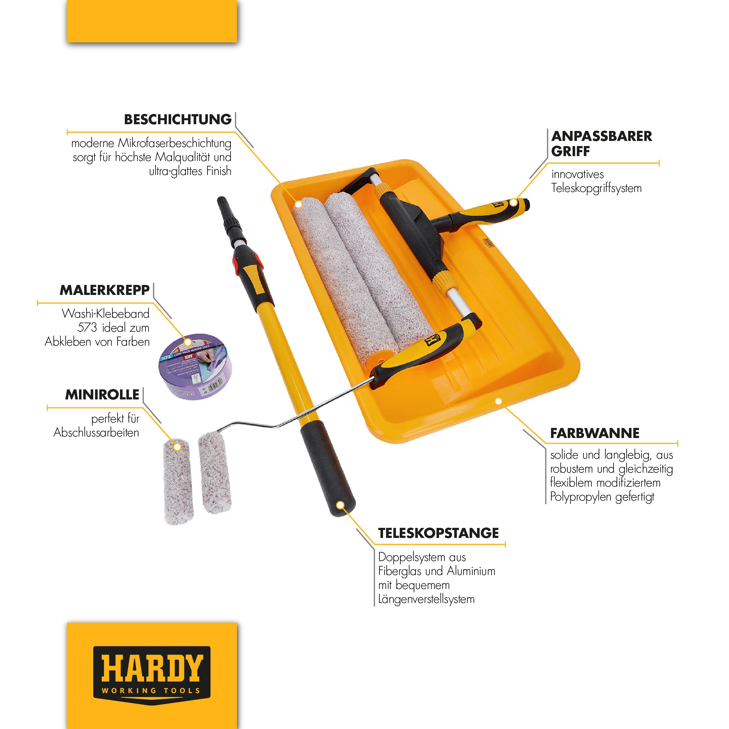 Hardy Working Tools 7 Tlg Malerset Speedy 40, 2x Farbwalze Groß 40 cm, 2x Farbroller Klein 10 cm, 1x Farbwanne 58 cm, 1x Teleskopstange-Maler 60 cm – 94 cm, 1x Malerkrepp 38 mm x 30 m