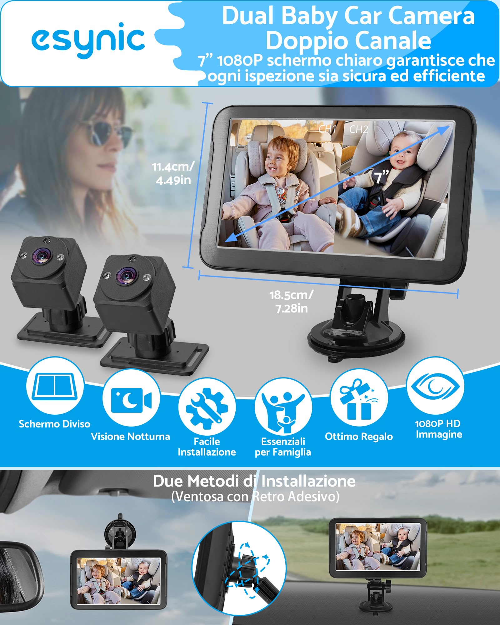 eSynic Baby Car Monitor con Doppia Telecamera 1080P Grandangolare 150°, 7'' Schermo IPS, Visione Notturna IR, Specchietto Retrovisore a Ventosa Controllo Bimbi, Alimentato da Accendisigari