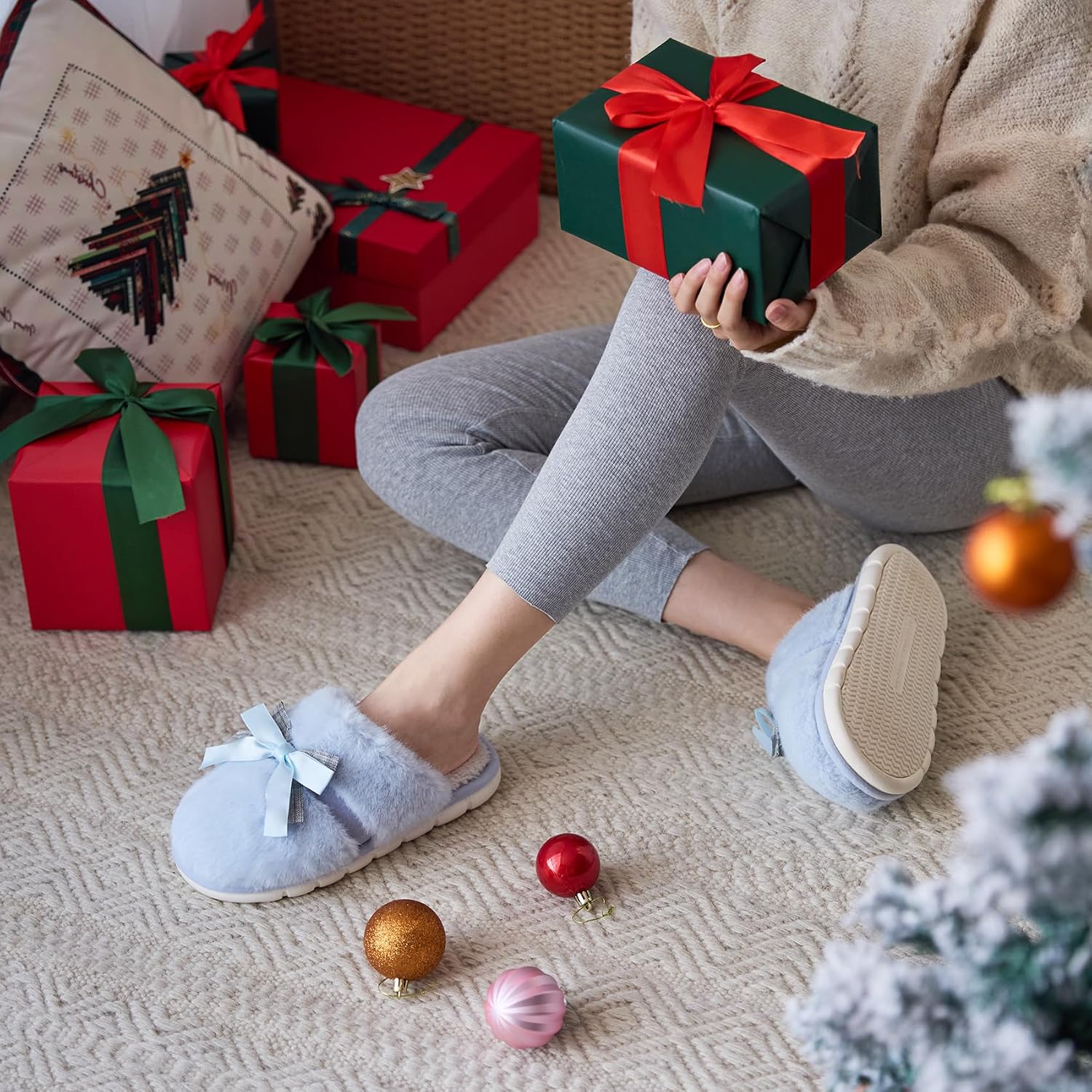 Cute Women's Memory Foam House Slippers- Fuzzy Plush Cozy Shoes with Bow image 2