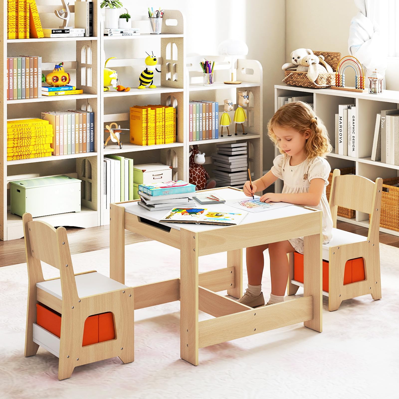 COSTWAY Juego de Mesa y Sillas Infantil, Mesa de Actividades 3 en 1 para Niños con Superficie Reversible y Cajas de Almacenaje, Set de Muebles Infantil de 3 Piezas (Naranja)