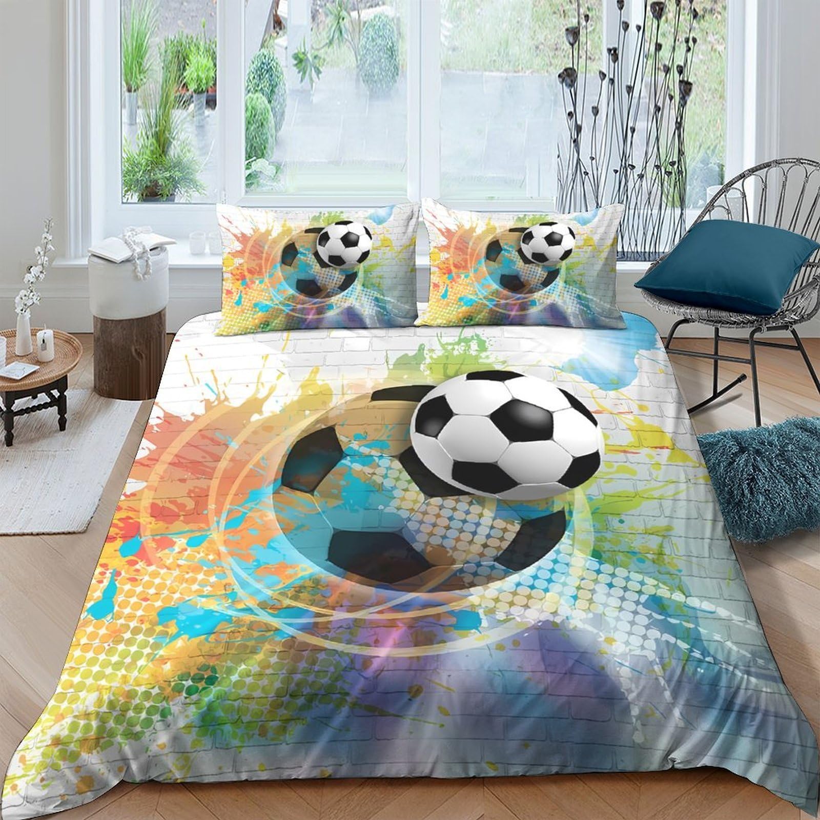 Ctjqhvkz Style-4 3D Printed Colorful Soccer Fitted Sheet Microfiber Soft Breathable Graffiti Ball Mattress Cover For Bedroom Guest Room Single（135X200cm）