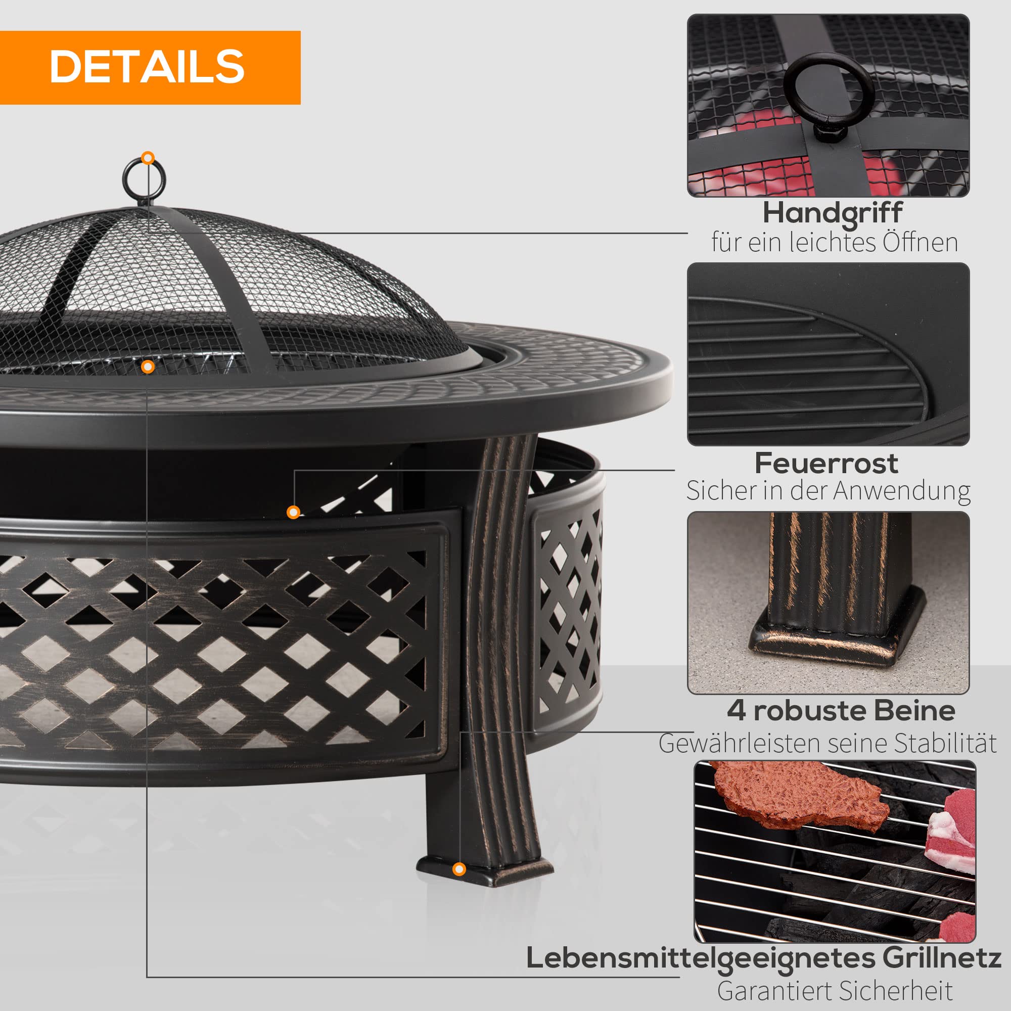 Outsunny Feuerschale mit Schürhaken Funkenschutz 81 x 81 x 50 cm Schwarz | Feuerkorb, Feuertisch, Runde Feuerstelle, für Garten Camping BBQ, Stahl