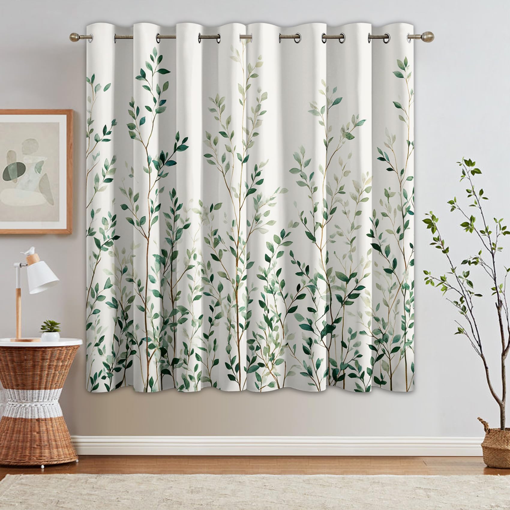 Generisch Blickdichte Vorhänge Weiß Grünes Blatt Muster, H 200 x B 140 2er Set - Pflanze Baum Fenster Gardinen mit Ösen, 200 cm Lang Curtains Wohnzimmer Schlafzimmer Deko JU160