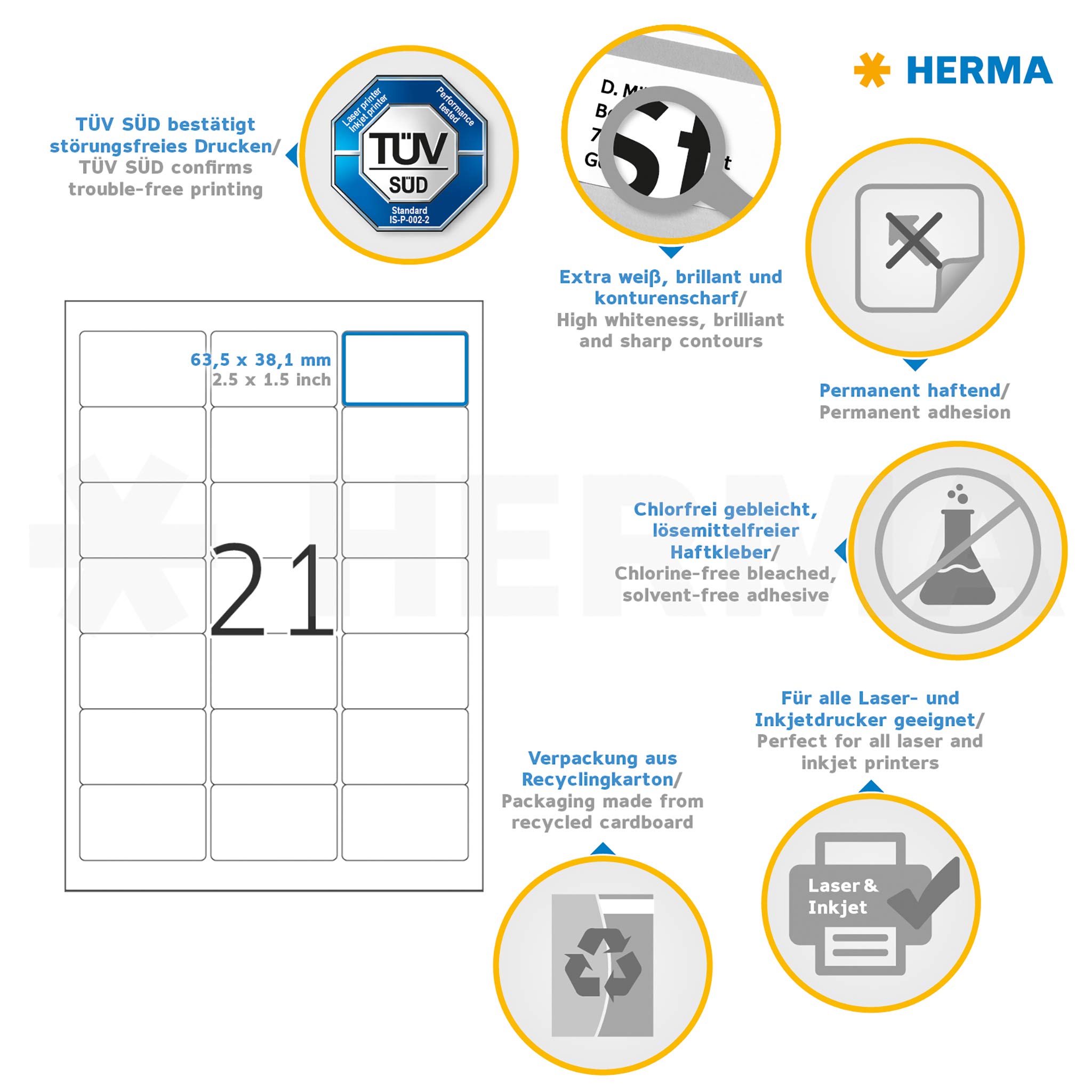 HERMA 4677 Adressetiketten, 100 Blatt, 63,5 x 38,1 mm, 21 pro A4 Bogen, 2100 Stück, selbstklebend, bedruckbar, matt, blanko Papier Adressaufkleber Etiketten, weiß
