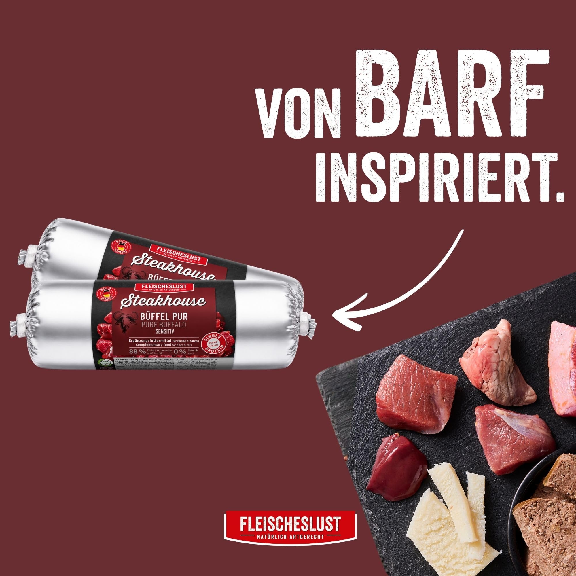 Steakhouse Büffel pur (12x500g), Nassfutter für Hunde & Katzen, sensitives Ergänzungsfutter, Monoprotein, getreidefrei, 12x Wurst von Fleischeslust