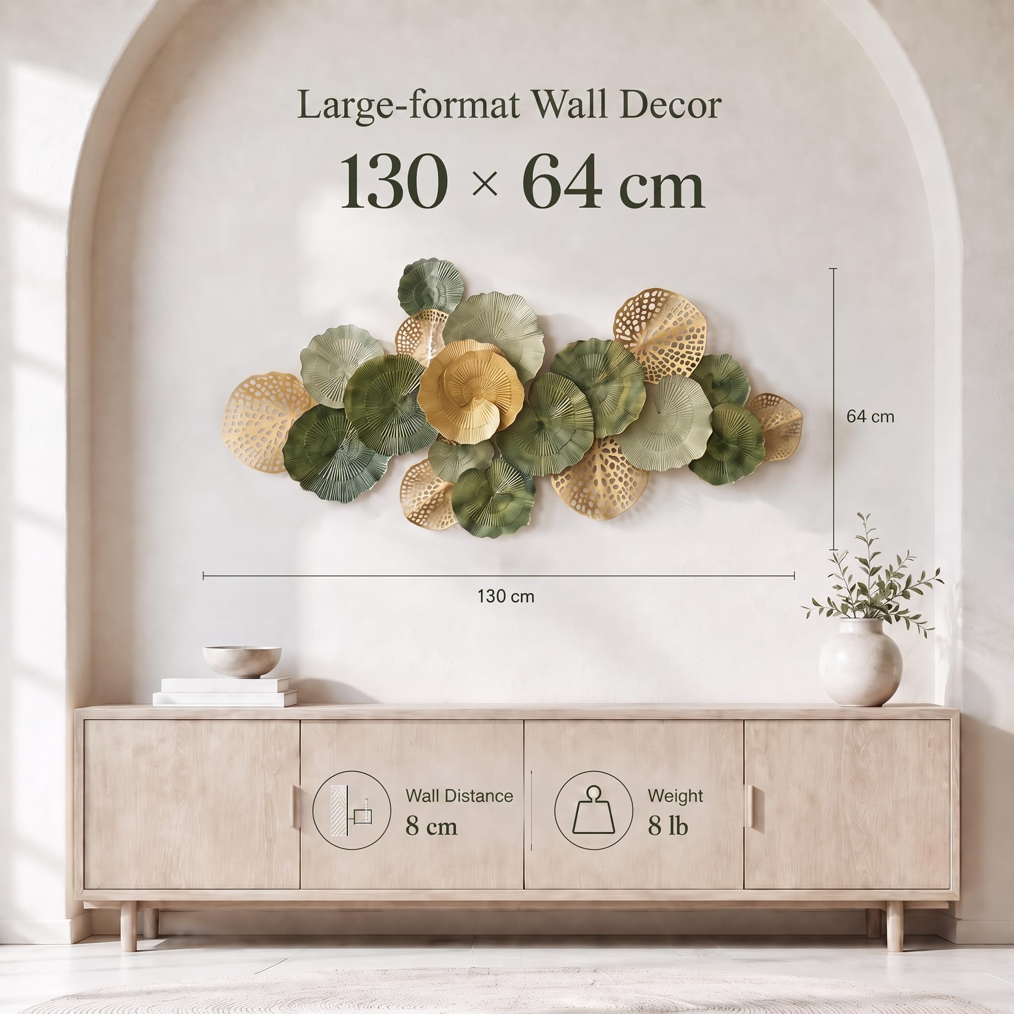 Genérico Adorno de Pared Metálico Grande,Decoración 3D Hojas de Loto | Se Cuelga Horizontal o Verticalmente,Fácil de Limpiar,Apta para Dormitorio,Comedor y Pasillo - 130CM
