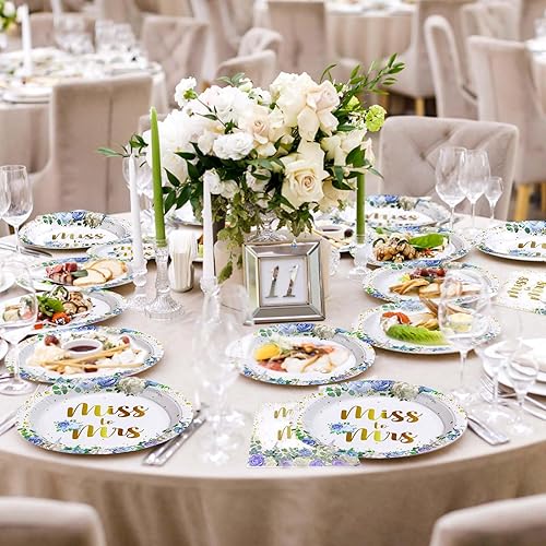 Miniatura 6 de 96 piezas de decoraciones de despedida de soltera de Miss to Mrs - Juego de platos y servilletas, platos de papel florales desechables para parejas,