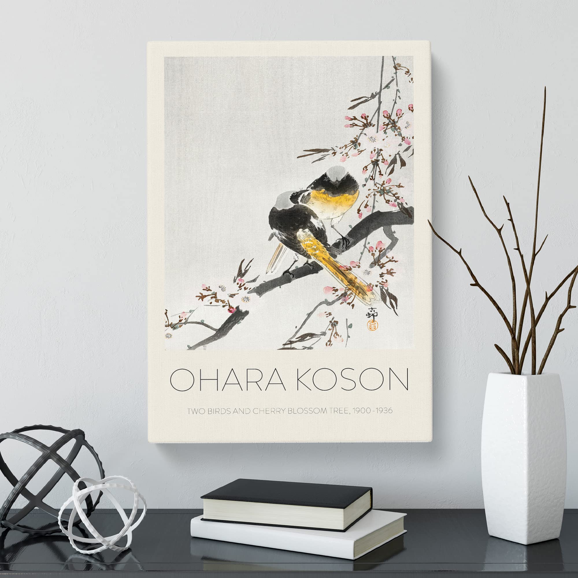 Two Sable Red Tails & Cherry Blossom By Ohara Koson Canvas Print, Mixed, 25L x 50W cm - Image 3