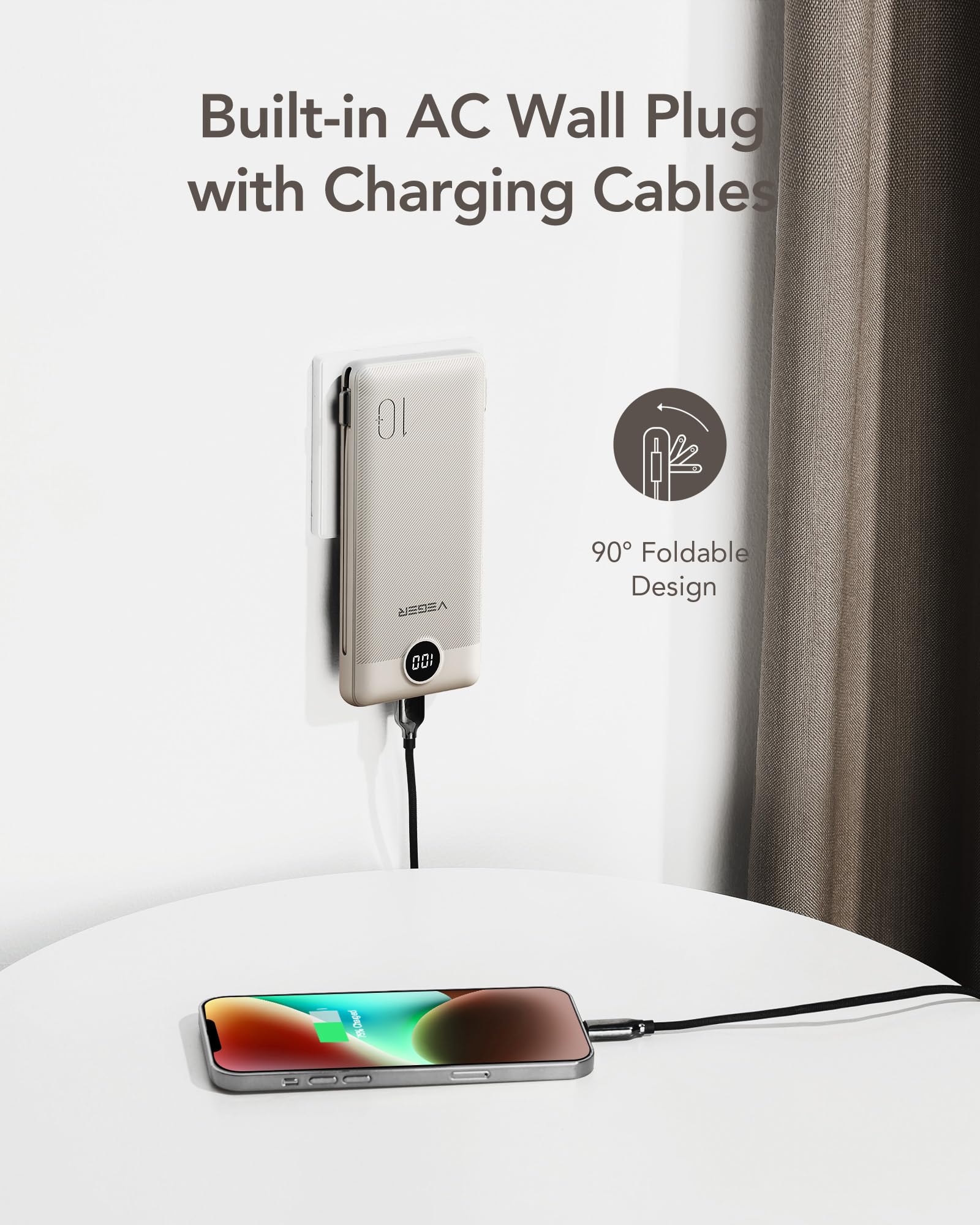 VEGER Portable Charger with Built-in AC Plug and Cables, All in One 10000mAh Ultra Slim Power Bank Travel Essentials, Fast Charging Battery Pack Compatible with iPhone, Samsung, Android (Coffee) - 3