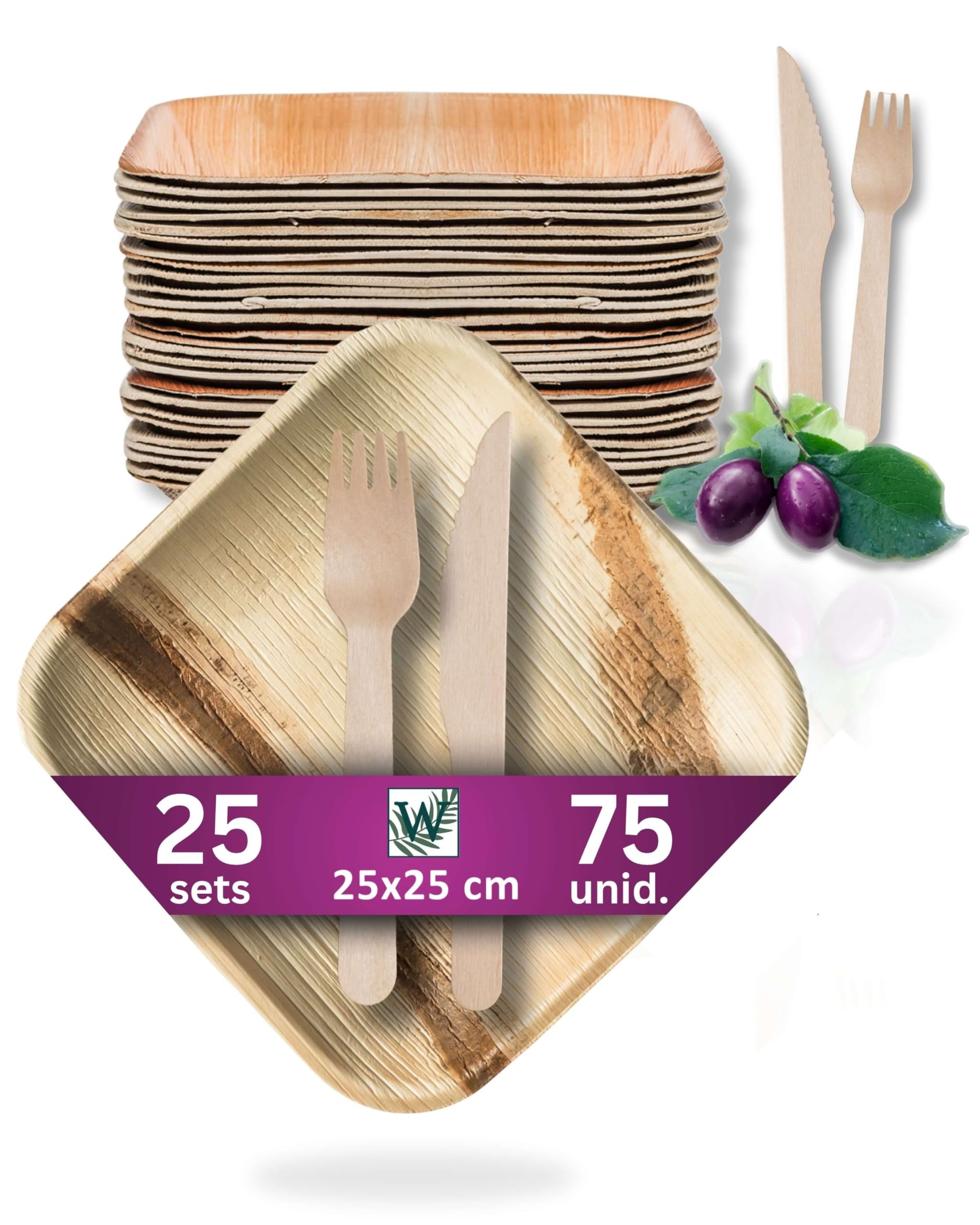 Platos Desechables de Hoja de Palma y Cubiertos de Madera - Set de 25 Cuadrados 25x25 cm, Cuchillos y Tenedores - Vajilla Biodegradable - Elegantes para Fiestas - como Menaje de Bambu