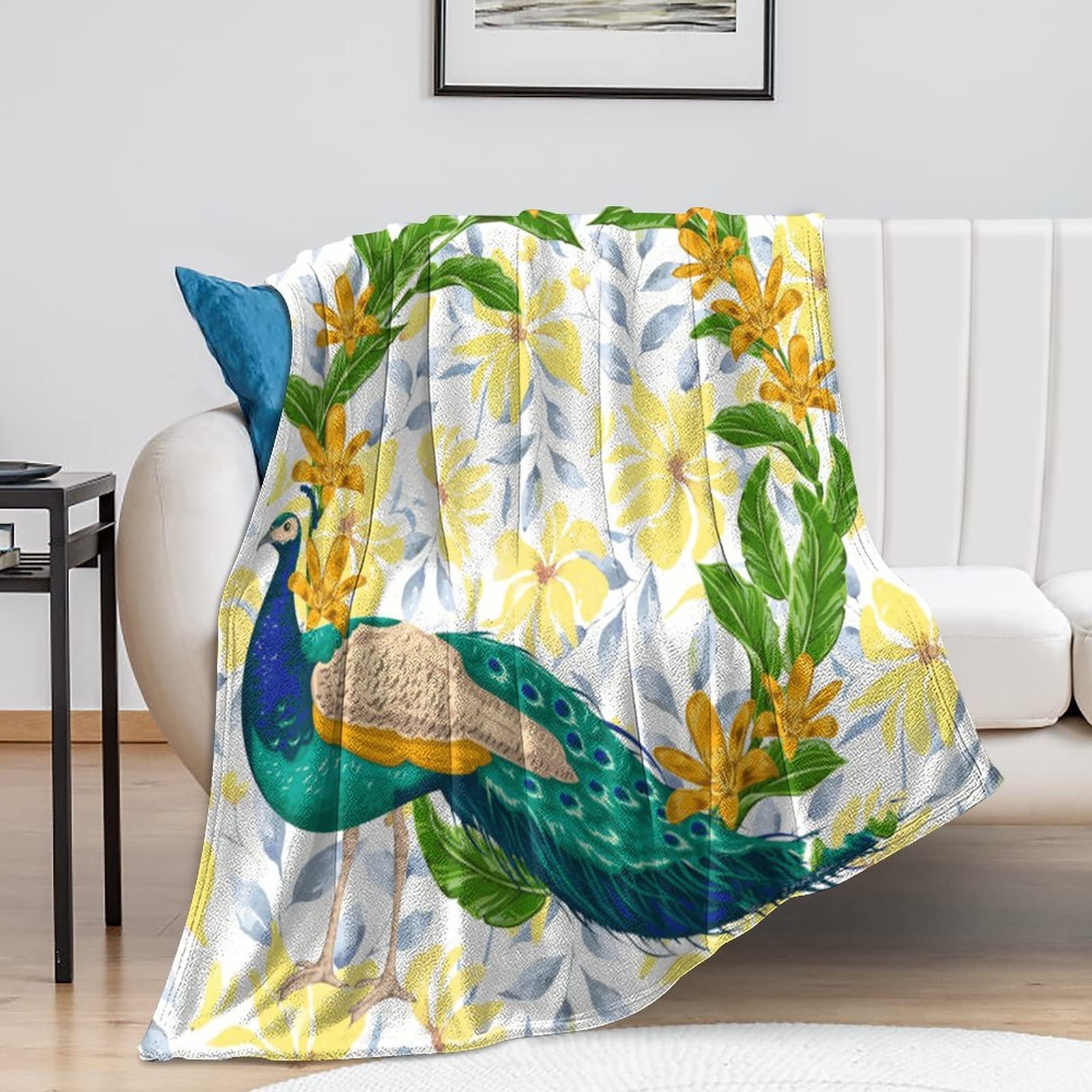 Couverture motif paon pour cocooning salon et lit douillet