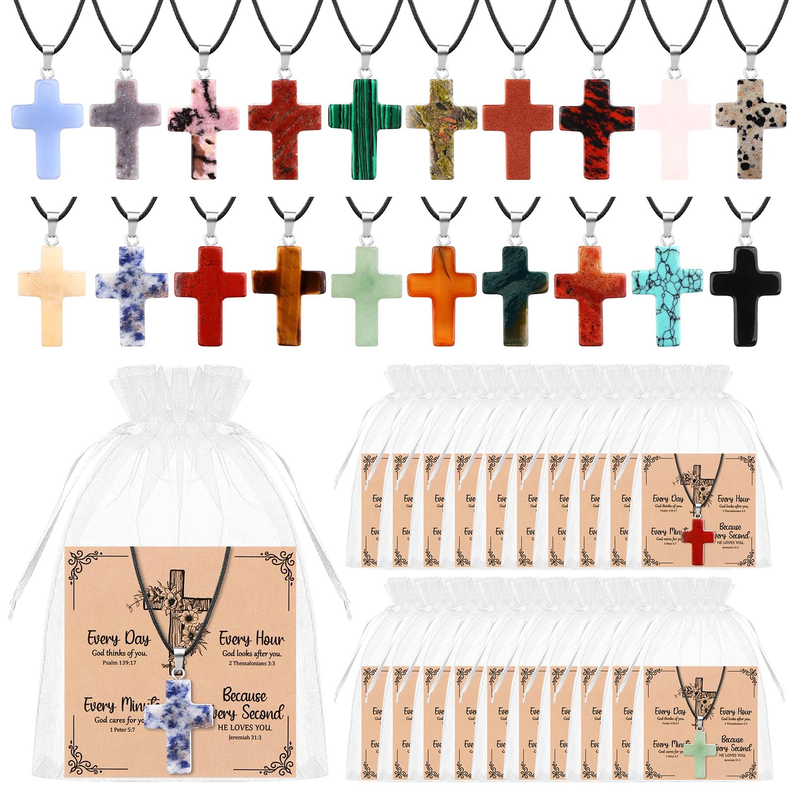 CNSJ 20 Sets Christian Stone Cross Necklace Natural Cross Charm Pendants with Leather Chain and Cards for DIY Crosses Necklaces