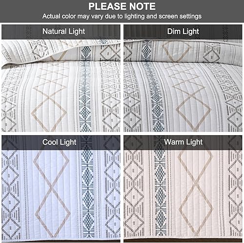 Vista 14 de Juego de edredón tamaño Queen, 100% algodón, colcha acolchada tamaño Queen, colcha reversible a rayas bohemias, edredón ligero para todas