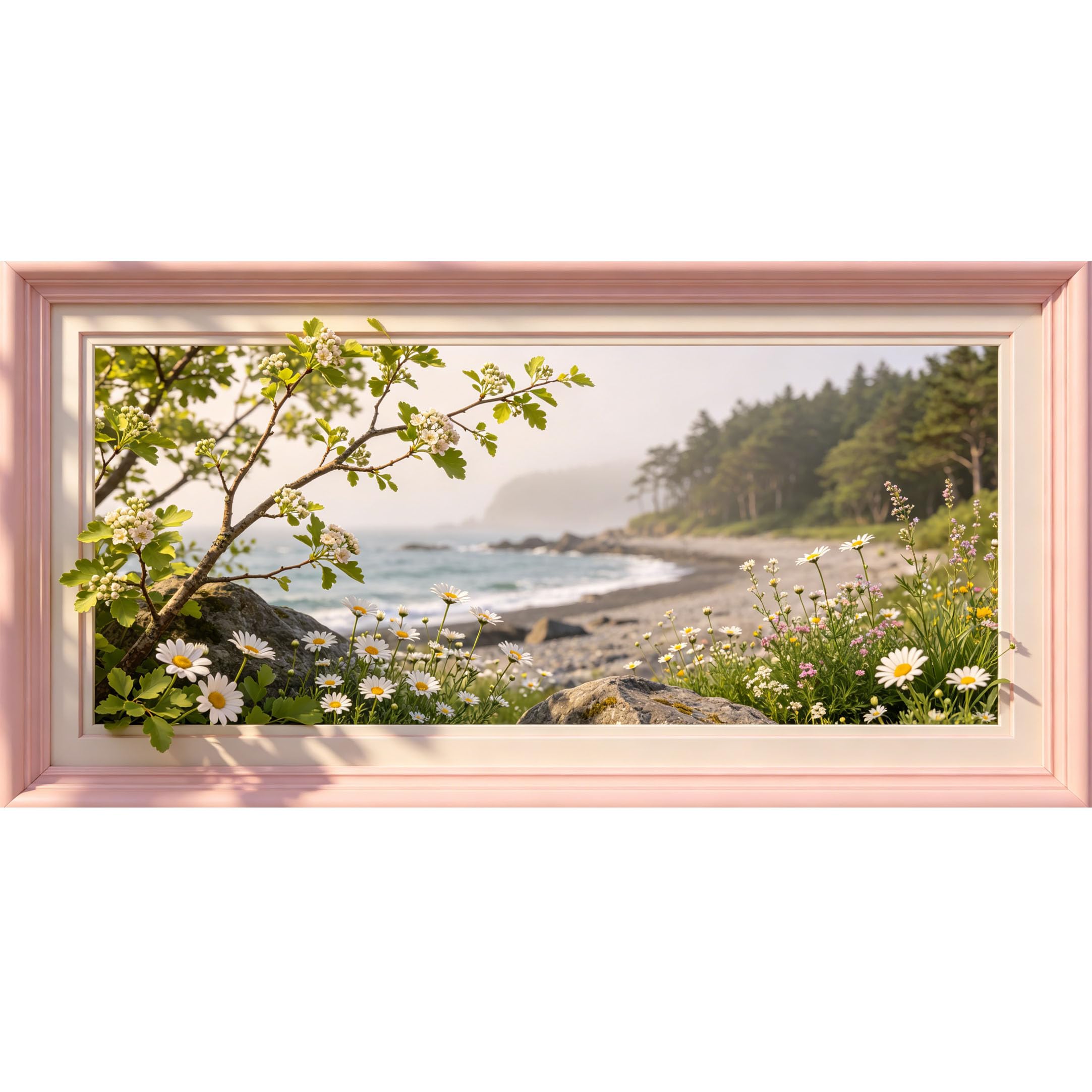 Agglomerix 3D Framed Wall Art Coastal Landscape Botanical Daisy Flower Rock Shore Ocean View Large Size SelfAdhesive Removable Wall Decor Prints Artwork for Living Room Bedroom Office