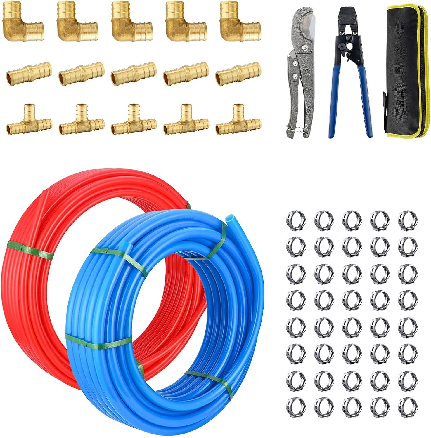 3/4-inch 2 x 100 ft Foskan PEX-B Pipe (100 ft Red + 100 ft Blue),Water Tubing with a Pipe Cutter,15 PCS PEX & 50 PCS Cinch Clamps,a Crimper Tool,a Canvas Bag