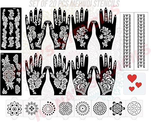 Ivana’s Set of 20 Pcs Combo Pack, Reusable Mehandi for Hands Henna Tattoo Stencil for Women, Girls and Kids Easy to Use in Just 4 Steps Indian Design Collection, D-2025