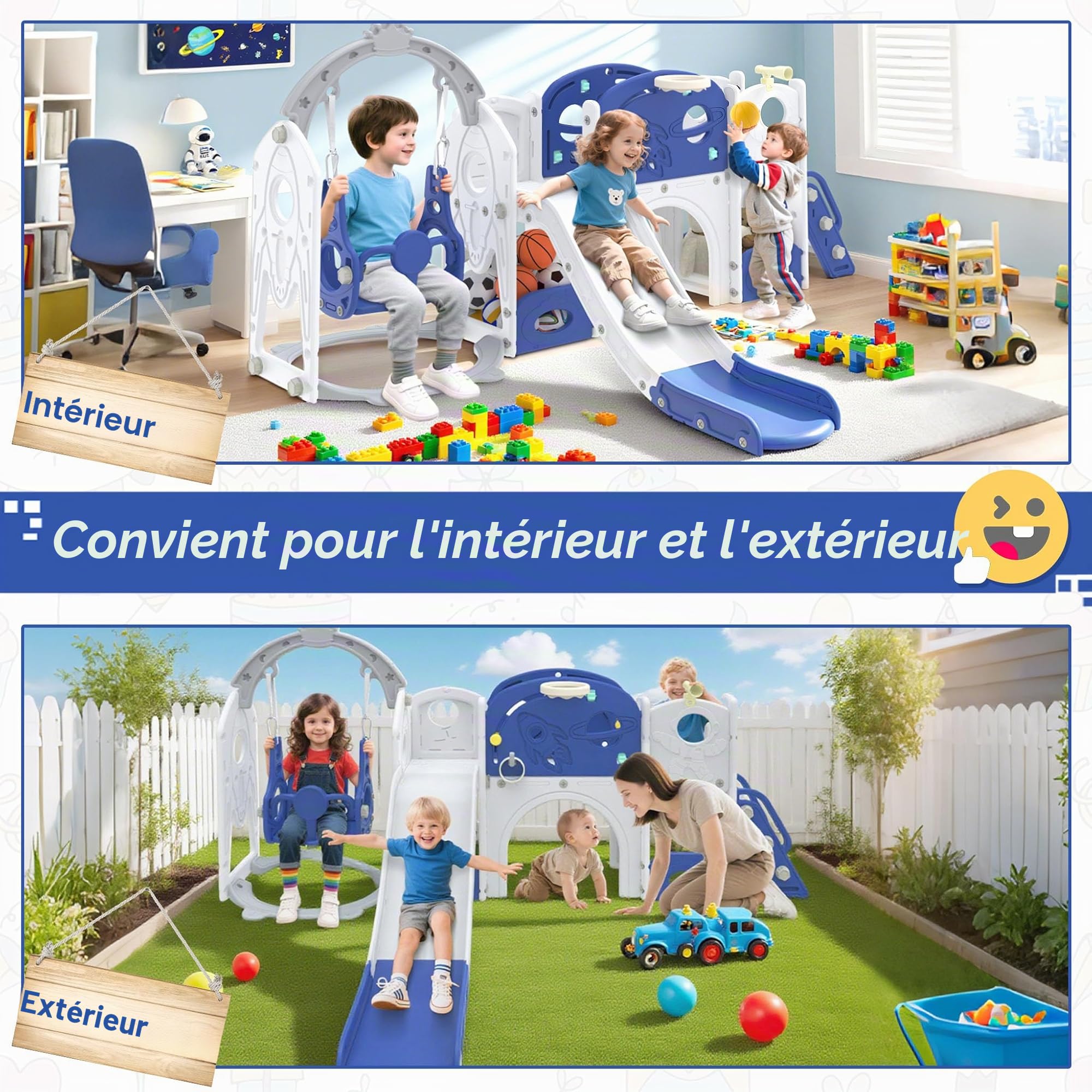 Froadp Toboggan 9 en 1 pour enfants à partir de 1 an, pour l'intérieur et l'extérieur, toboggan autoportant, en polyéthylène haute densité et polypropylène, avec balançoire, échelle d'escalade, tunnel