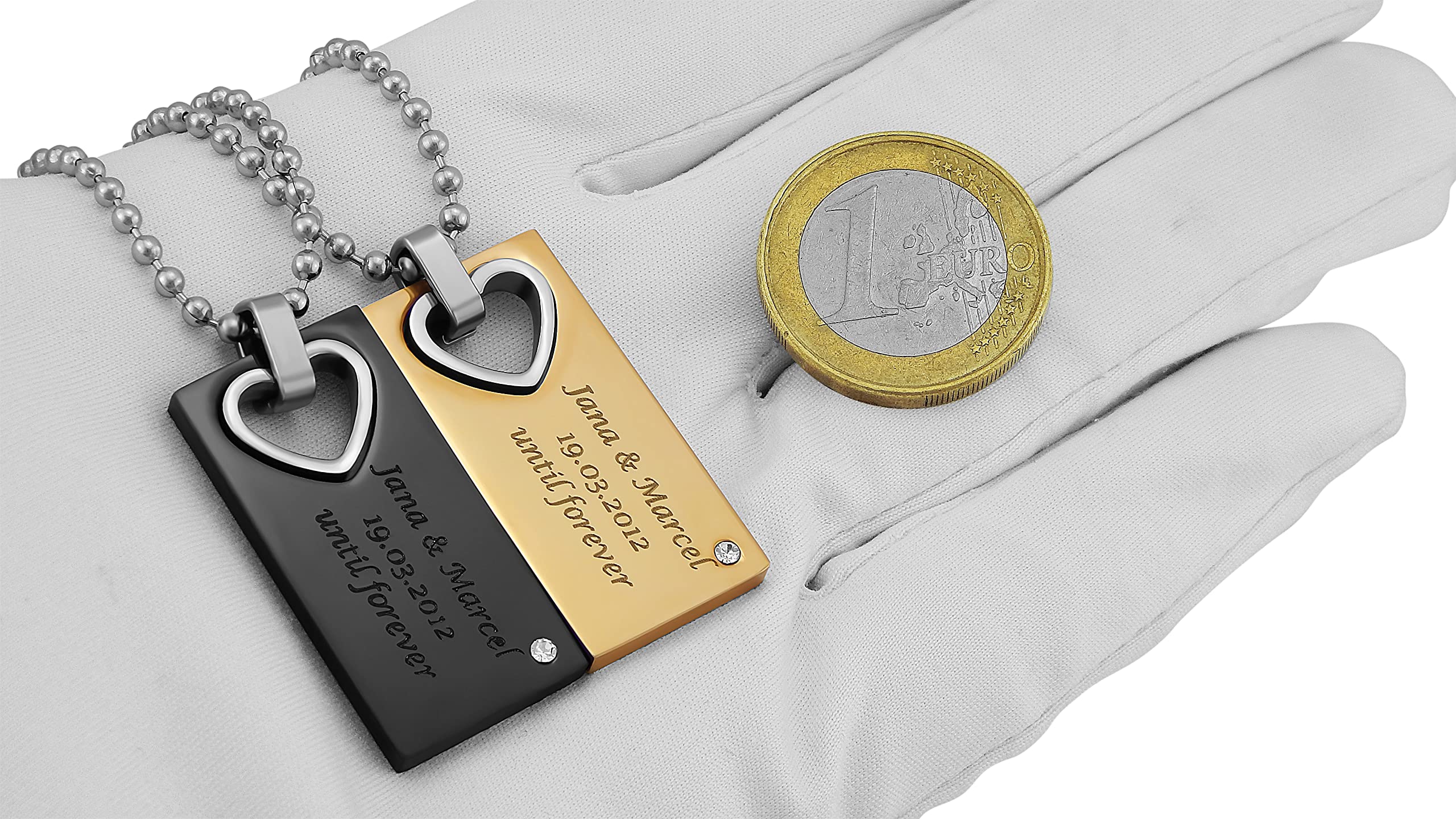 2 Stück Personalisierte Kette mit Gravur Edelstahl 50 cm mit Anhänger Herz Rechteck in silber schwarz gold - Personalisierte Geschenke für Damen Herren Freundin Freund - Partner Halskette