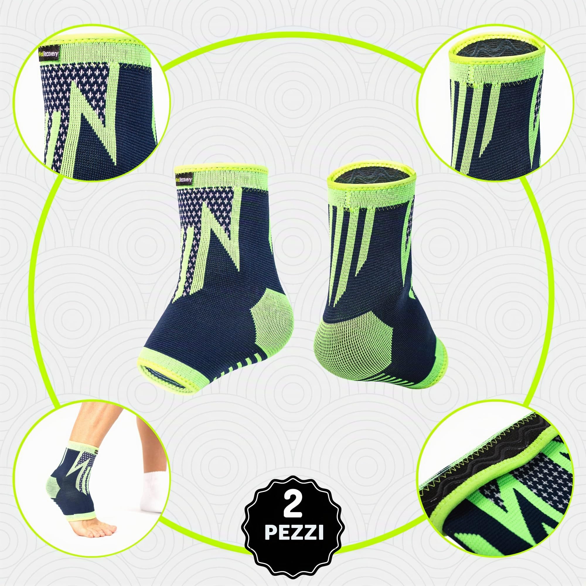 Feel Recovery 2 Tutore Caviglia per Uomo e Donne - Cavigliere Elastiche a Compressione - Fascia Sportive per Distorsioni, Running, Calcio e Sport - Traspiranti e Antiscivolo (L, Verde)