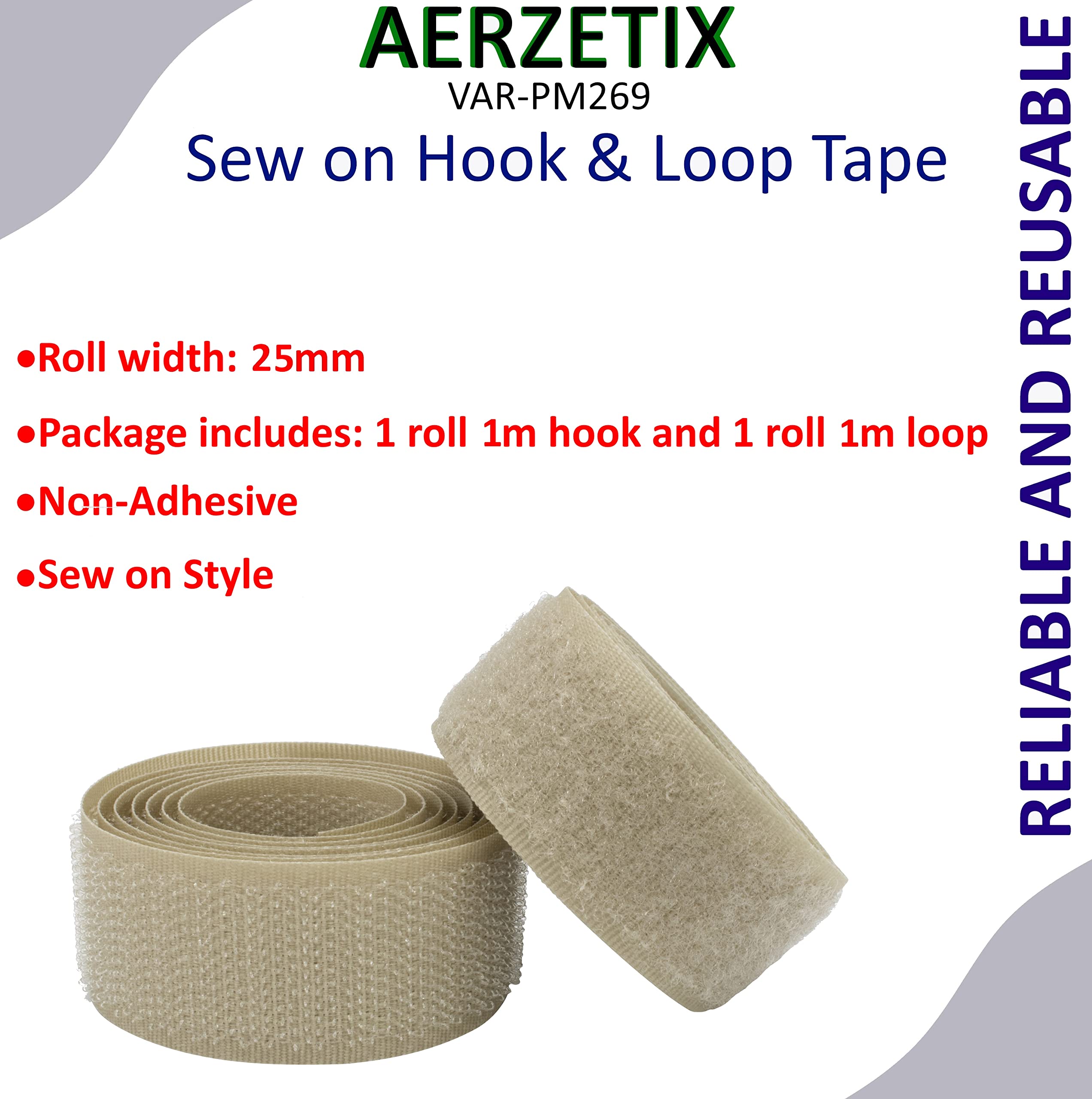 AERZETIX Bande scratch 25 mm 1 mètre auto-agrippant serre câbles ruban attache sangle beige foncé polyamide polyester