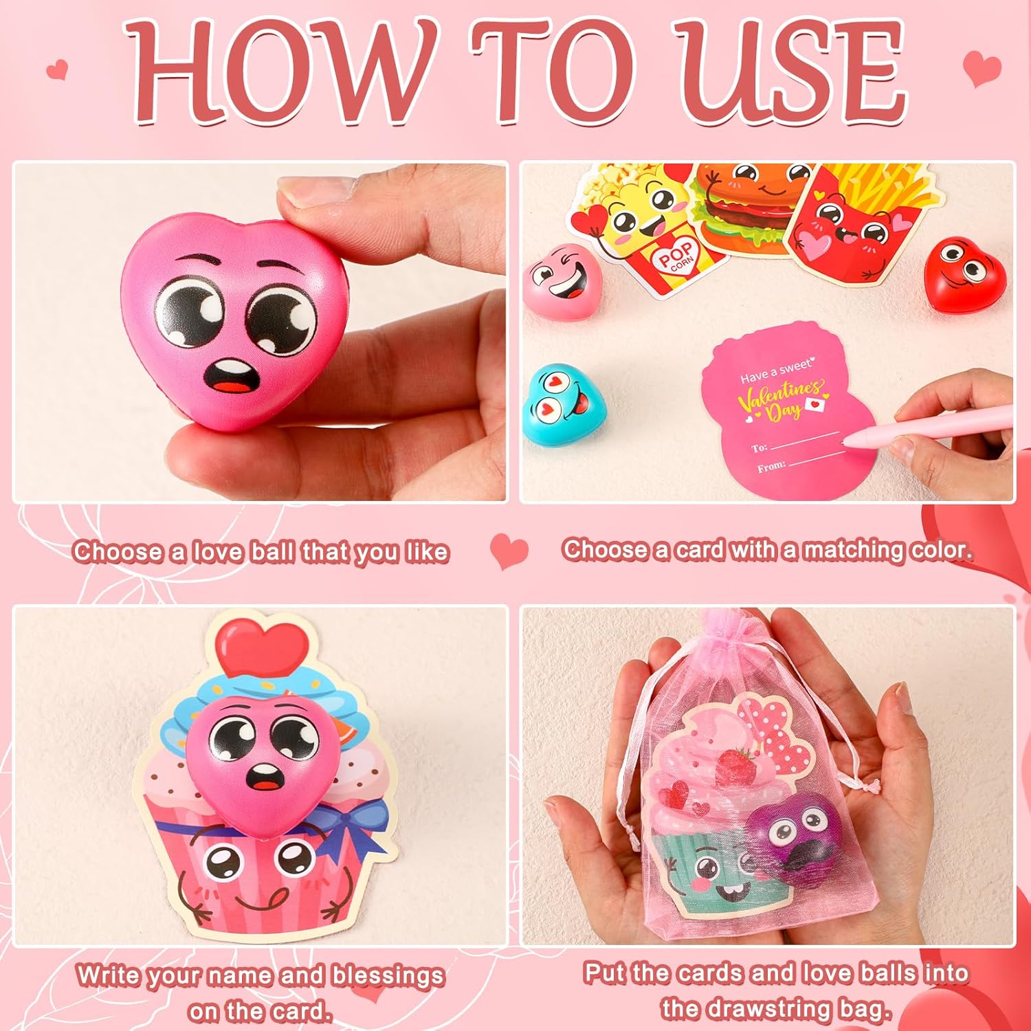 36 Sets Valentine's Day Stress Balls 1.6 Inch Heart Stress Relief Balls with Funny Valentines Cards Smile Face Stress Balls with Organza Bags for Kids Classroom Valentine Party Favors