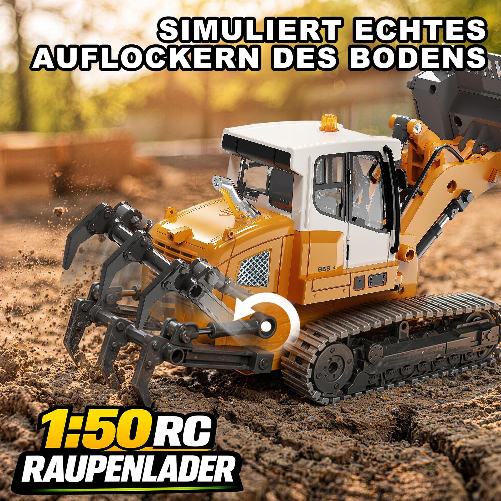 RC Radlader 1:50,Mini RC Loader Laderaupe Spindelantrieb | mit Metallschaufel, Metallketten, 2,4 GHz LCD-Fernbedienung, Licht & Sound, 2 Akkus, für Erwachsene und ab 6 Jahren
