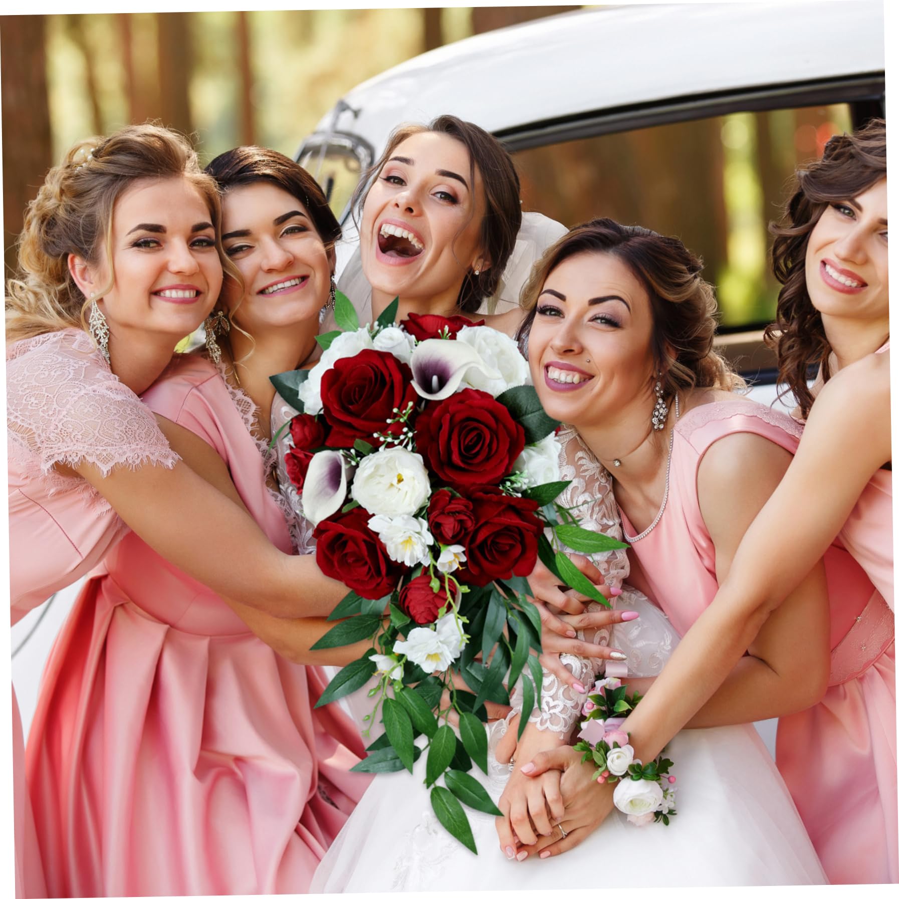Bouquet da sposa per la sposa, cascata di rose di giglio di calla rosso vino bianco, bouquet a cascata artificiale rustico per cerimonia di matrimonio anniversario