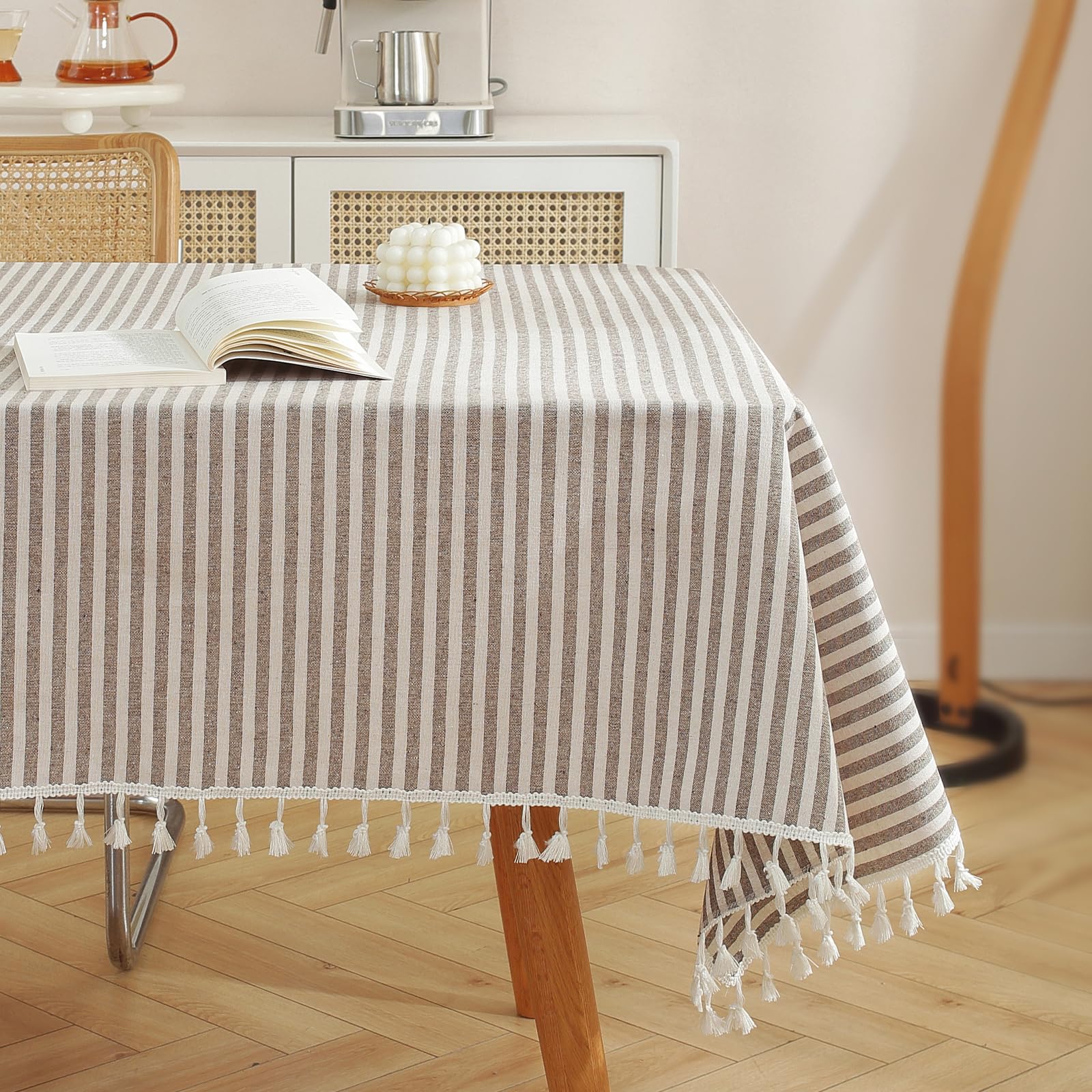 meioro Tablecloths Striped Tassel Table Cloth Rectangular Tablecloth Cotton Linen Table Cover Suitable for Home Kitchen Decoration (Brown/White Stripes, 120×160cm)