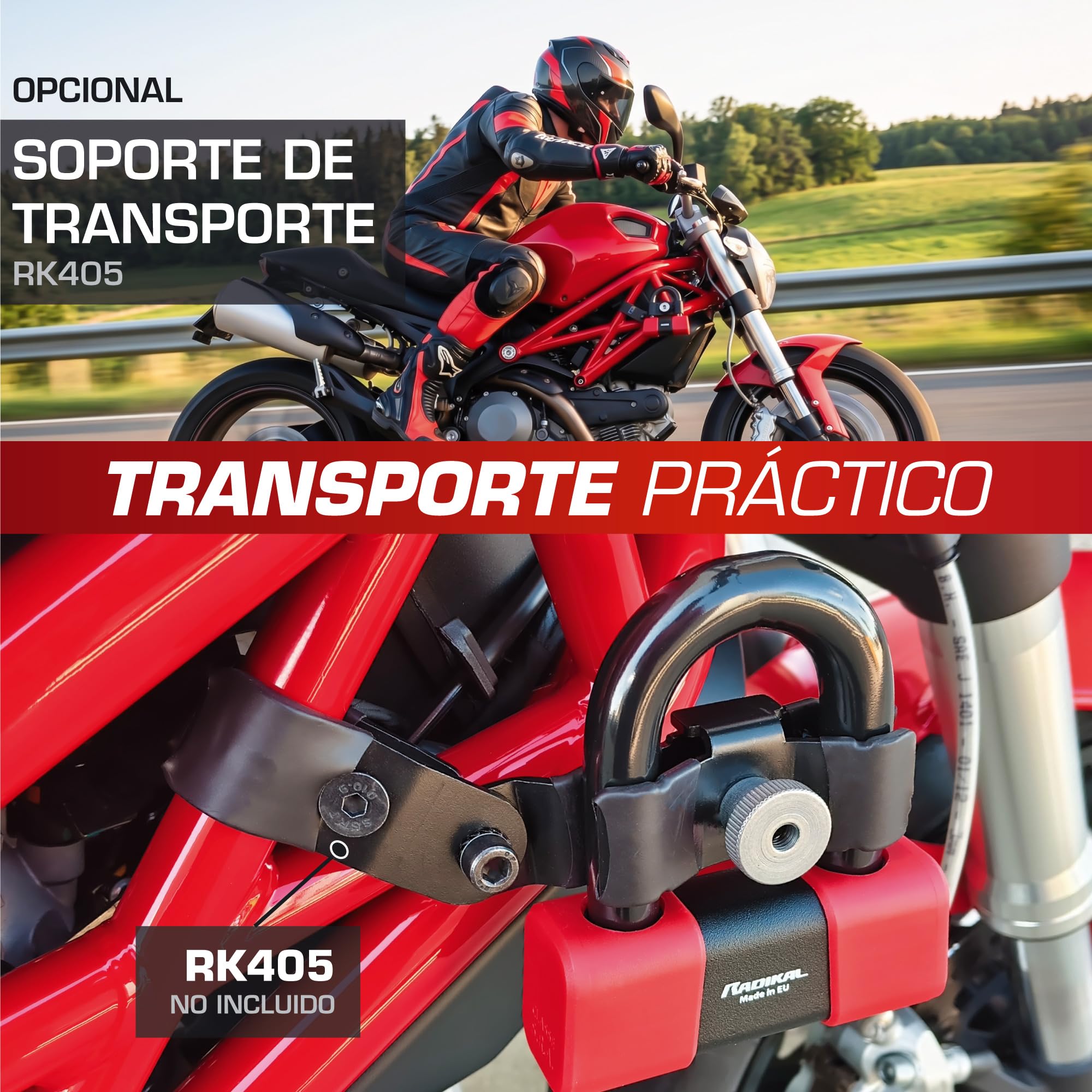 RADIKAL RK75 Candado Moto Disco Mini U Homologado SRA Premium, Más Disuasorio, Testado Brutalmente, Arco ø18mm de Acero Cementado, Doble Cierre, Cable Recordatorio, Bloqueo Antirrobo Cepo Disco Freno