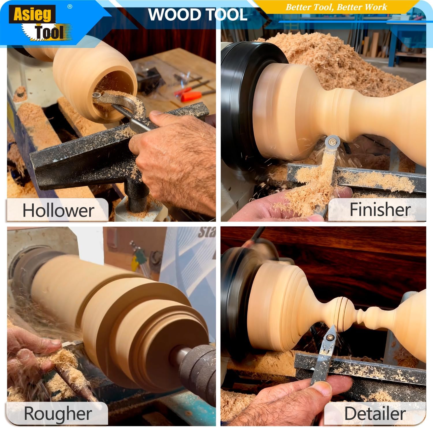 AT04 Carbide Tipped Wood Turning tools Lathe set Rougher Detailer Finisher Swan Neck Hollower with Solid Wood Handle and Diamond Round Square Carbide Inserts 4pcs