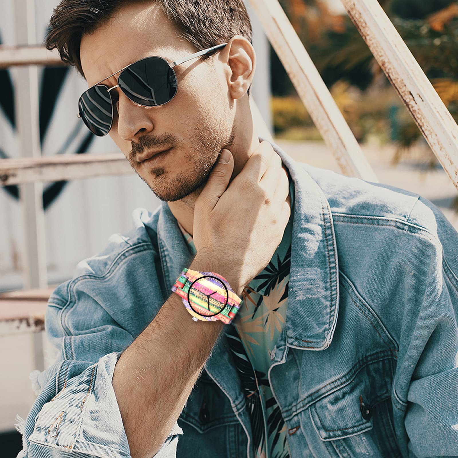 SUPBRO Holzuhren Herren Uhren Bunt Holz-Armbanduhr Bambus Holz Uhr Analog Armbanduhr Holzuhr Quarzwerk mit Holzarmband für Herren & Damen