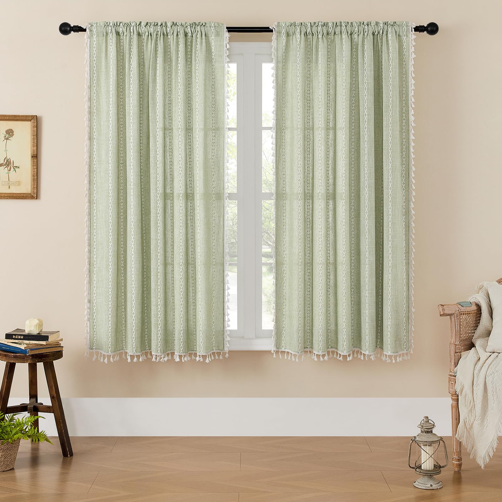 MitoVilla Boho Farmhouse Living Room Curtains 63 Inch Length 2 Panels, Modern French Country Window Curtain for Bedroom, Bohemian Rustic Cotton Linen Tassel Draperies, Sage Green — image 1