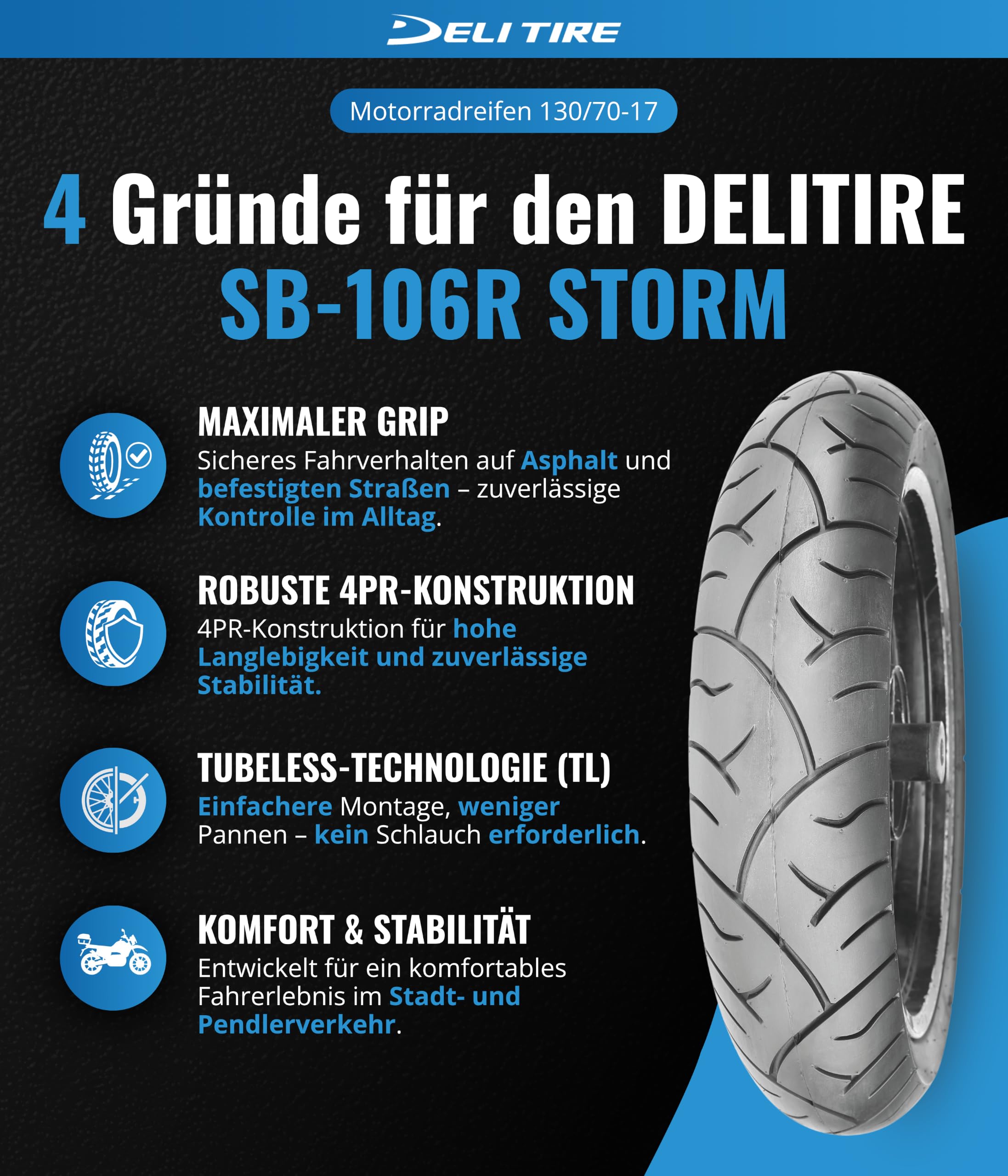 Motorradreifen 17 Zoll 130/70 x 17 Deli sb106r TL 62r (Straße)