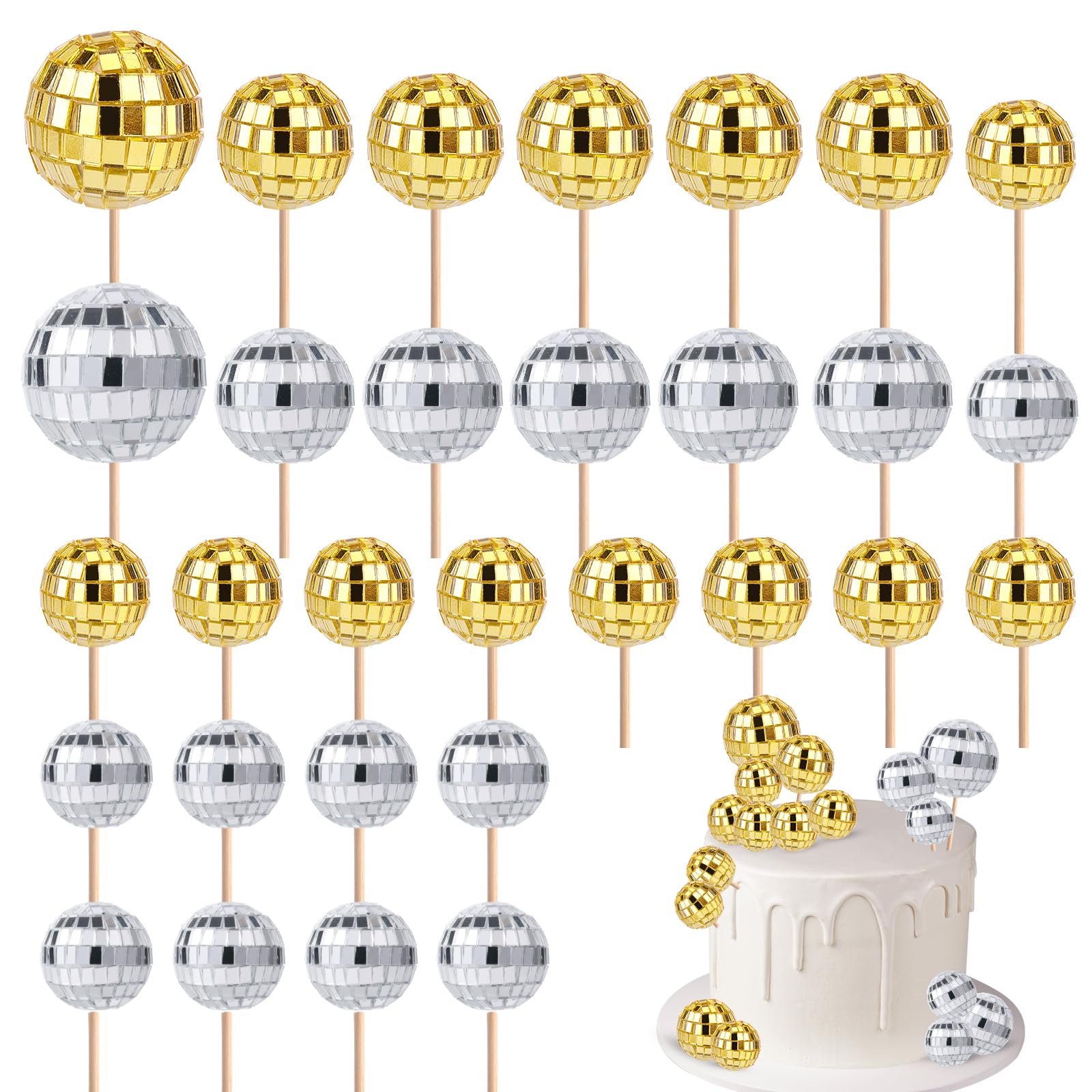 7st Discobal Cupcake Toppers, 4 Maten Disco Thema Taarttoppers Discobal Prikkers voor Taart Disco Thema Feestdecoraties voor Jaren 70 Thema Feestartikelen (Gouden