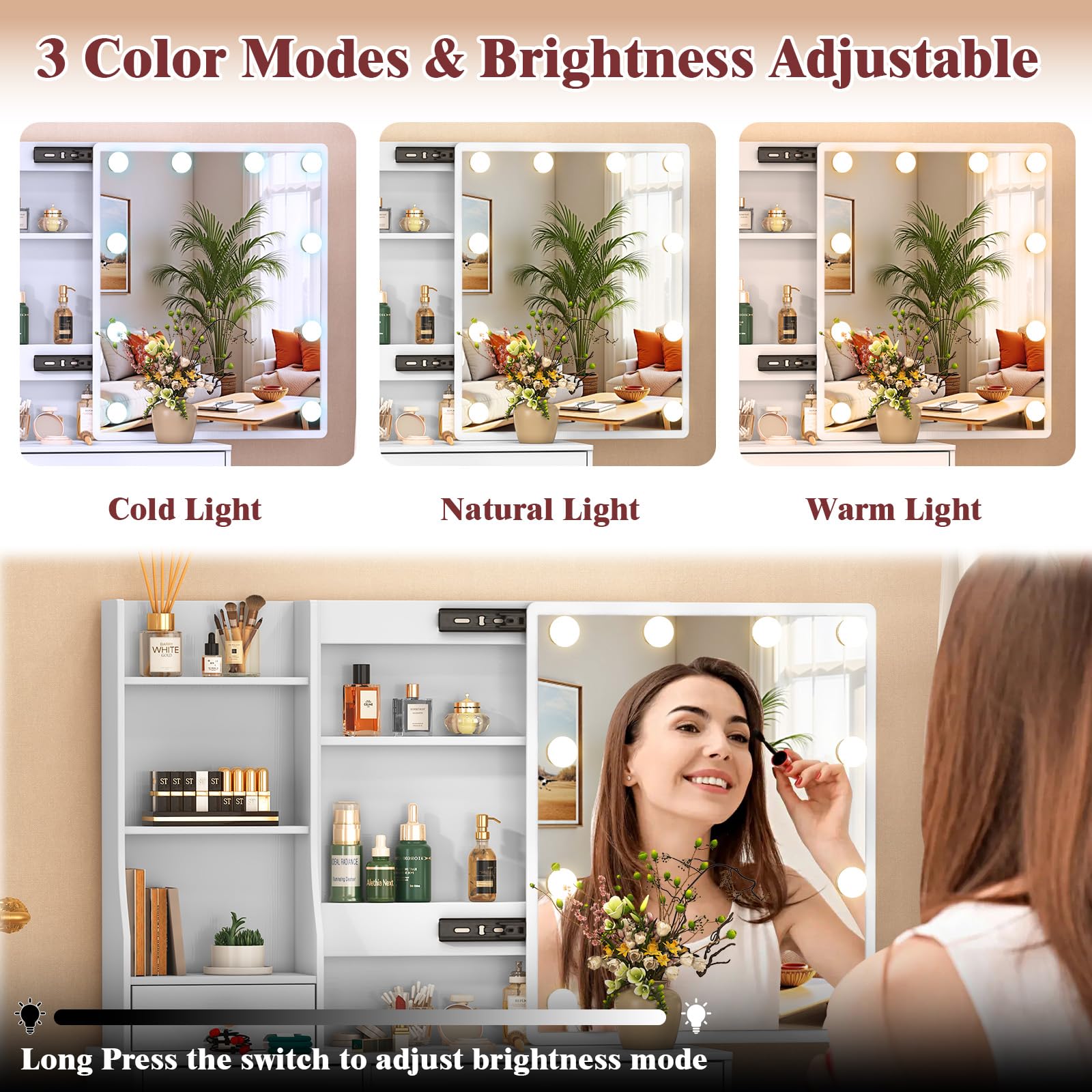 Toeletta trucco con Luci e Sgabello, 10 Luci LED Regolabile a 3 colori, Toeletta bianca con Specchio e 6 Cassetti + 6 Ripiani aperti, Moderno per Camera da Letto 80x36x130cm