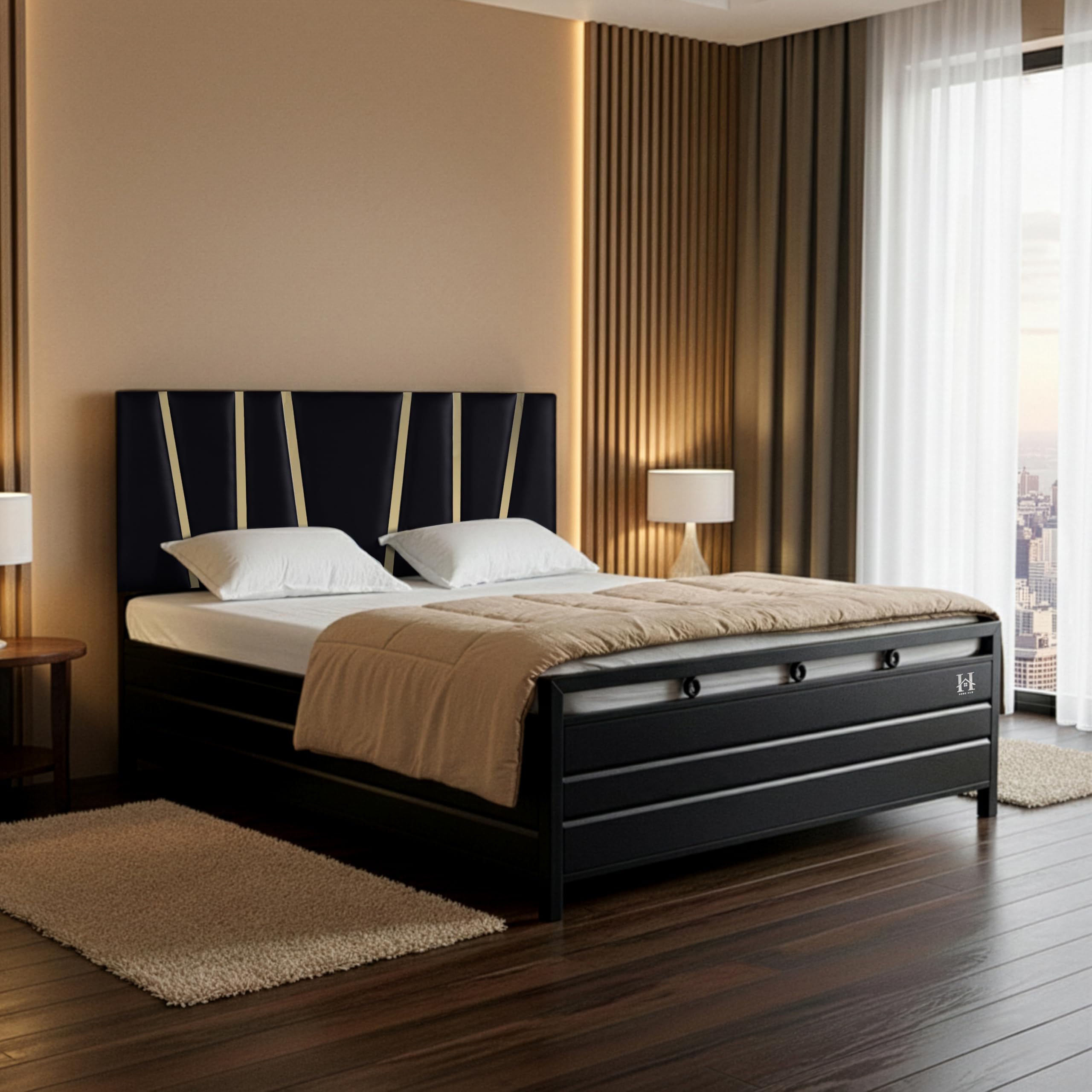 Furniture Beliza Double Bed Steel Bed Frame with Hydraulic Storage – Modern Wrought Iron Metal Bed Furniture - Black (Black Headboard) (King Size 6X6 Without Mattress)-image-2