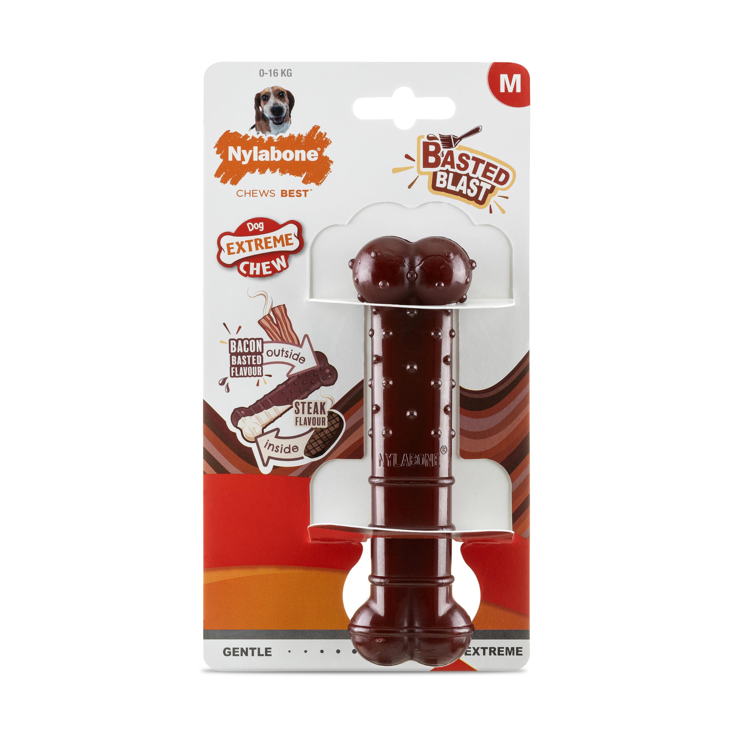 Nylabone, Basted Blast, bardzo silny efekt żucia, zabawka dla psa z nylonu, kształt kości, trwała kość do żucia, smak: boczek i steki, średni, dla psów do 16 kg