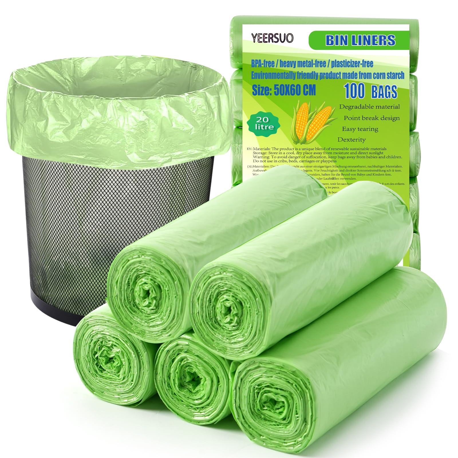 Worki na śmieci, 100 szt. worków na odpady spożywcze, worki na śmieci, 20 l, kompostowalne wkładki do kompostowania, worki na śmieci do kuchni, biura, biodegradowalne worki na śmieci, zielone, 50 x 60