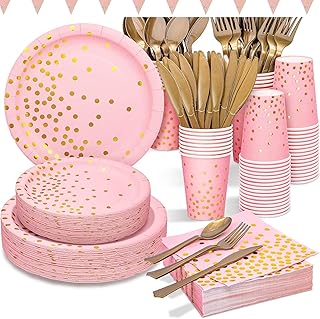 141 Pc (20 Pack) Pink Gold Party Supplies Disposable Dinnerware Set - Paper Dinnerware, Paper Plates, Cutlery, Napkins, Cups, Cutlery (Spoons, Forks, Knives) Banner for Bachelorette, Wedding, Girl Birthday Party, Baby Shower, Valentines Day Womens Day Mother's Day