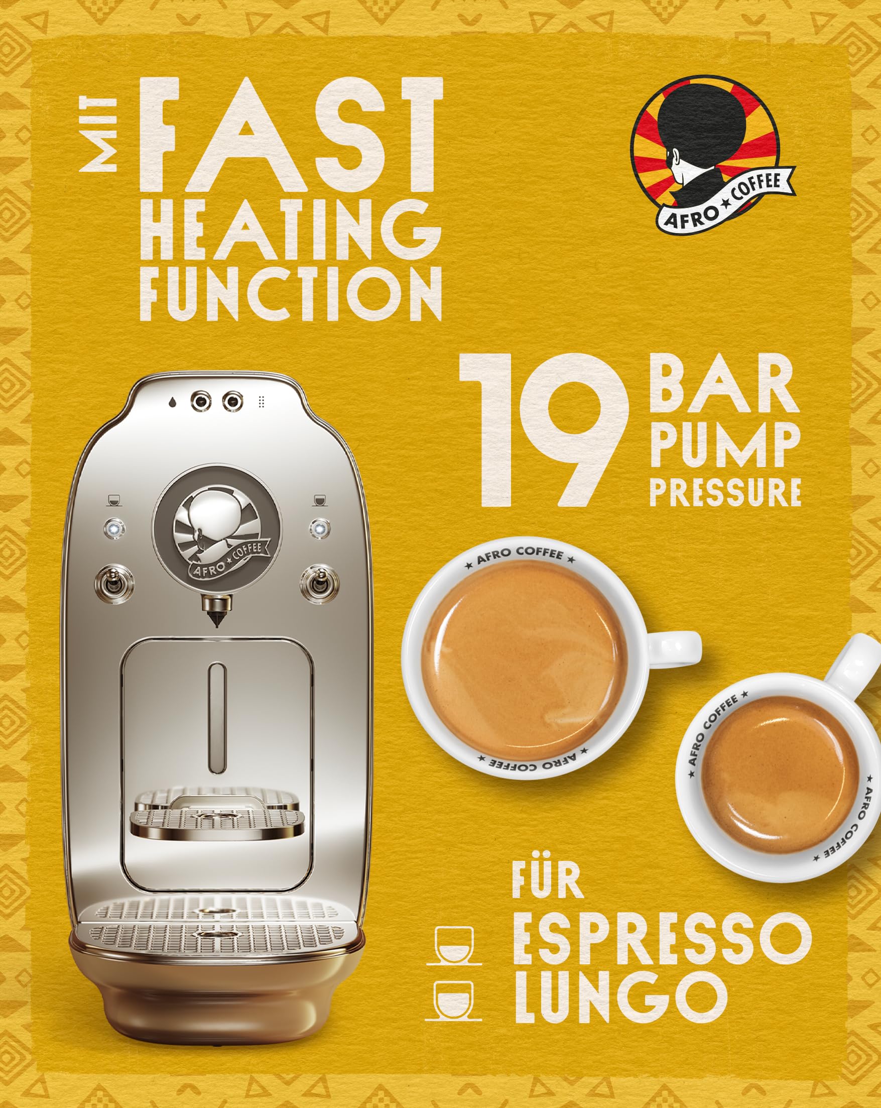 Afro Coffee Kahawa Premium ekspres do kawy Chrome Silver – kompaktowy ekspres na kapsułki z ciśnieniem 19 bar, automatyczne wyłączanie i wyjmowany zbiornik na wodę