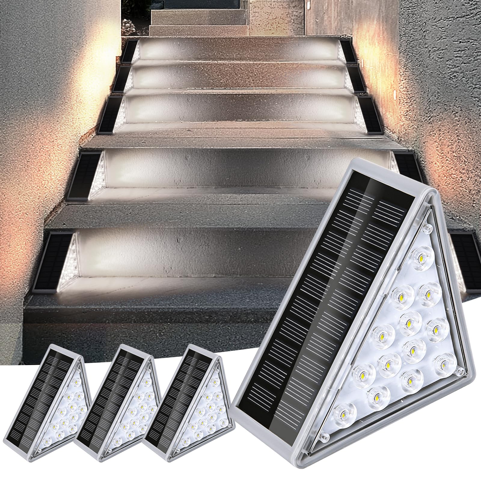Lampy solarne do użytku na zewnątrz, oświetlenie schodów, 13 diod LED, solarne lampy na schody, IP68, wodoszczelne lampy ogrodowe, oświetlenie schodów LED, do ogrodu, tarasu, patio (4 białe