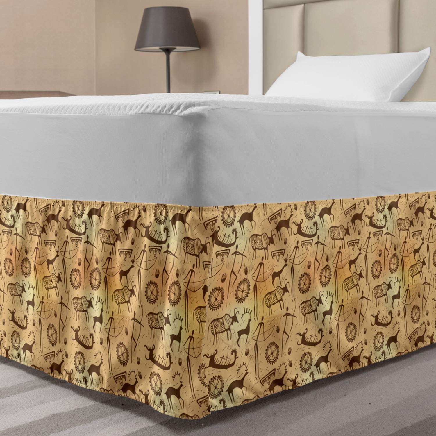 Lunarable Prehistoric Bed Skirt Dated Irregular Caveman Paint Forms with Bird and Cow Shape Early Modern Humans Elastic