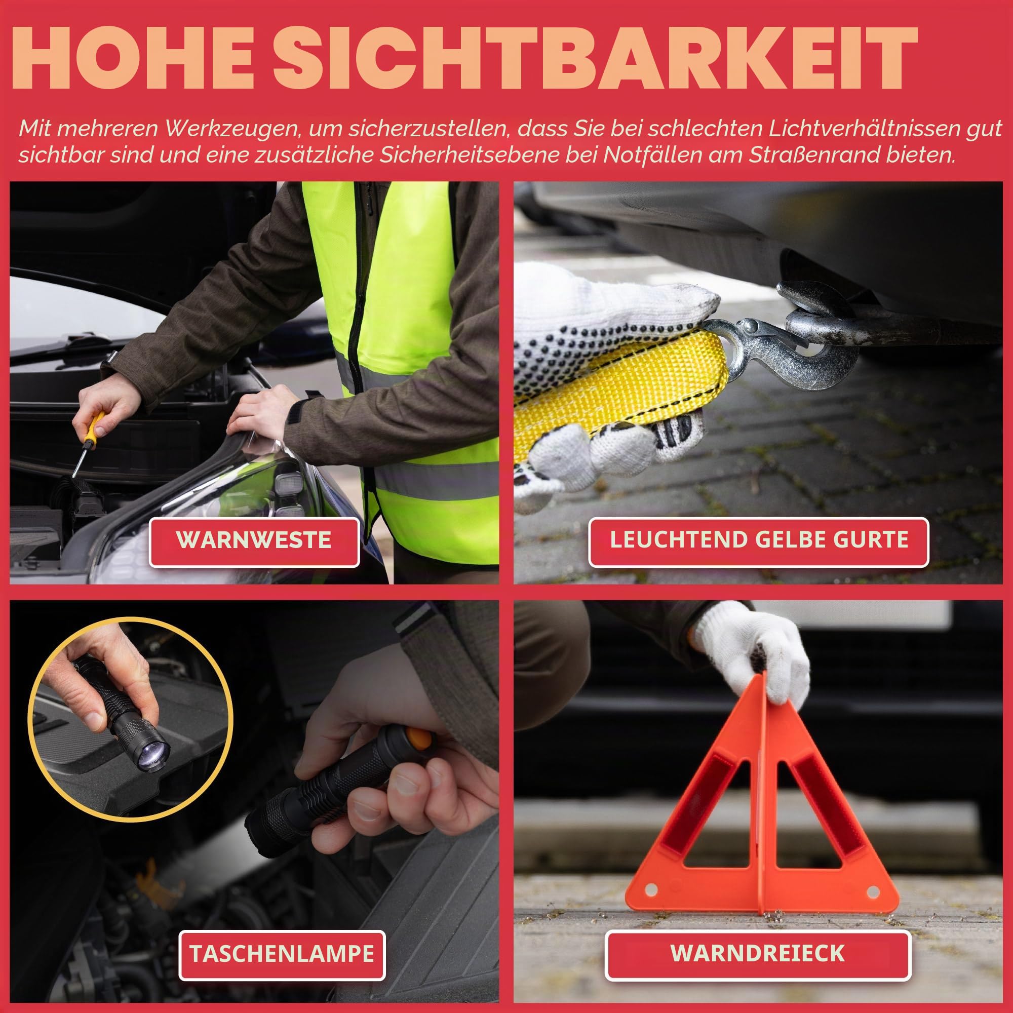 GADLANE Auto Panne Notfall Kit - Großes Auto Notfallset am Straßenrand mit Warndreieck, Starthilfekabel, Abschleppseil, Erste-Hilfe-Set