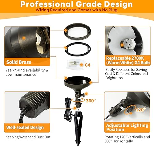 Miniatura 6 de Gardenreet Luz de inundación de latón macizo - Luz LED de paisaje de lavado de pared de bajo voltaje, para exteriores, 12 V, cableada, impermeable,