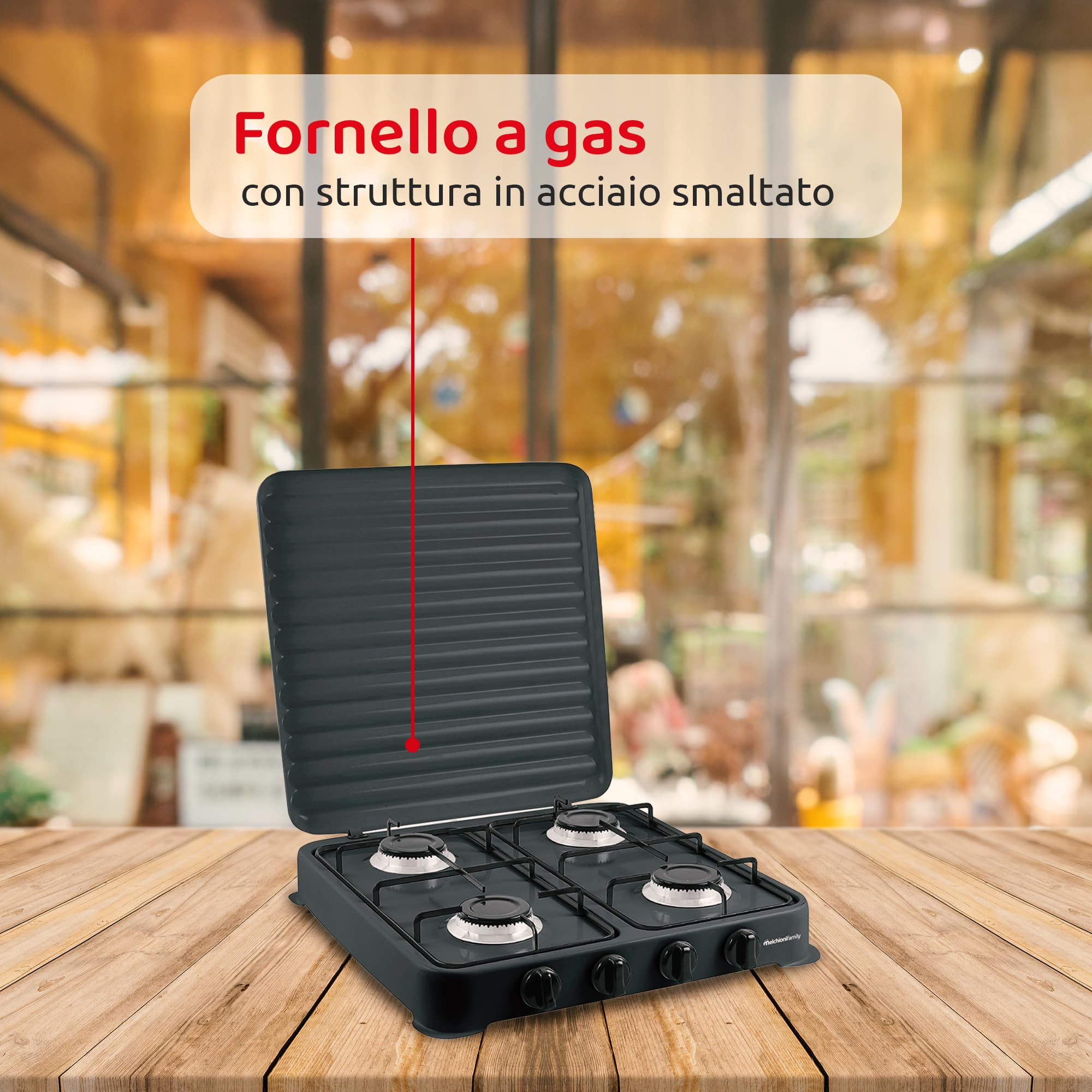 Melchioni Family | Fornello a Gas Modello MINERVA NEW, Quattro Fuochi, Colore Nero, per Utilizzo Esterno, con Griglia e Fuochi Rimovibili e Coperchio